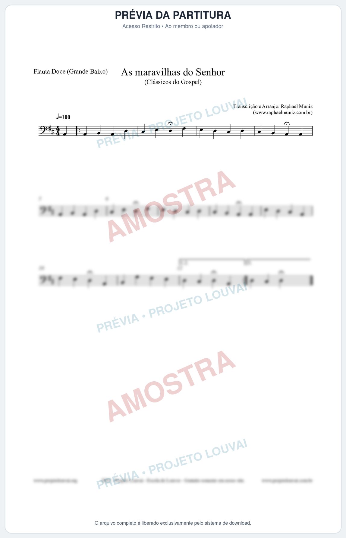 Prévia protegida da primeira página da partitura Partitura para Flauta Doce (Grande Baixo) - As maravilhas do Senhor - Salmos e Hinos nº213 - Clássicos do Gospel