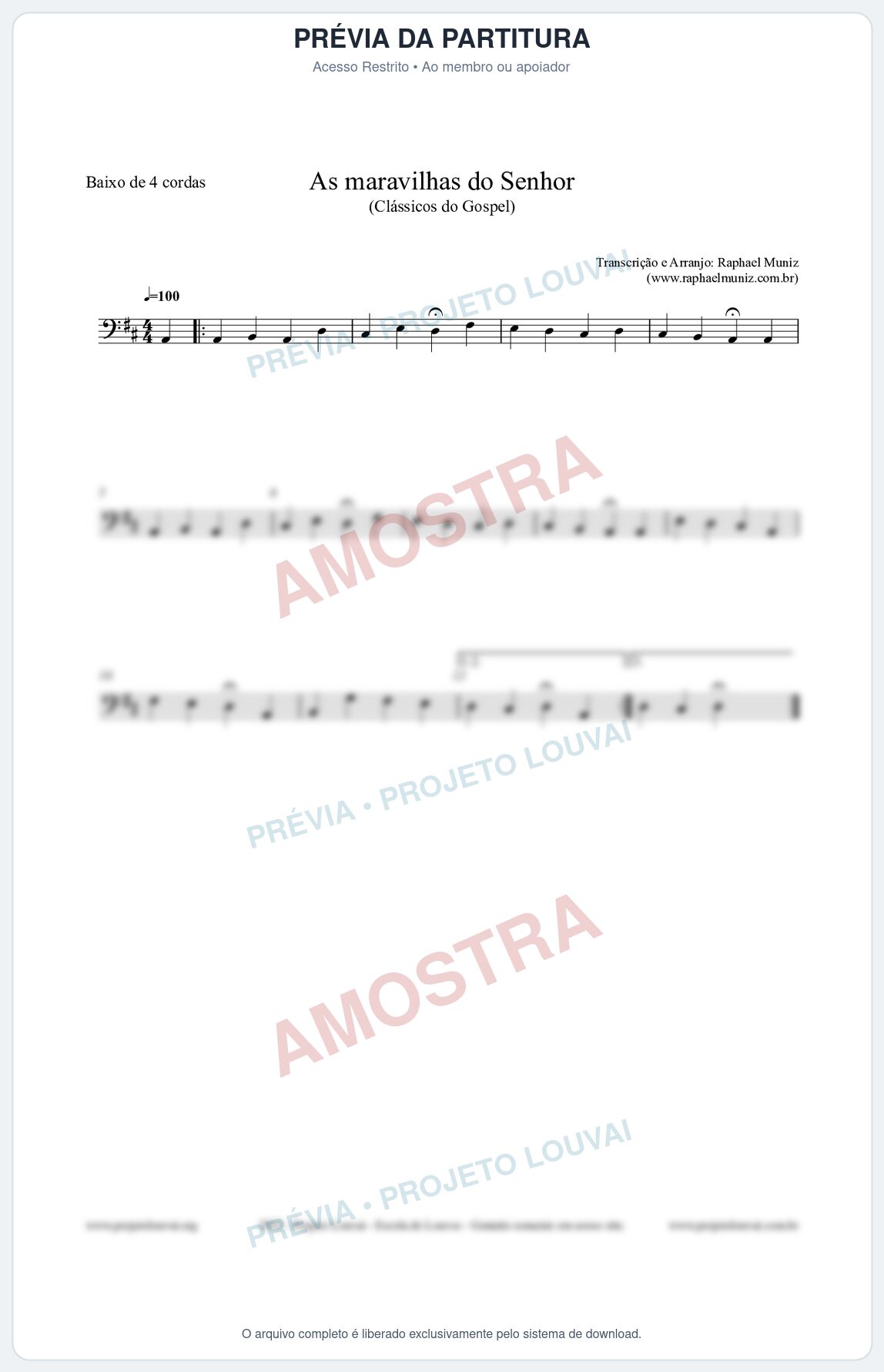 Prévia protegida da primeira página da partitura Partitura para Baixo de 4 cordas - As maravilhas do Senhor - Salmos e Hinos nº213 - Clássicos do Gospel
