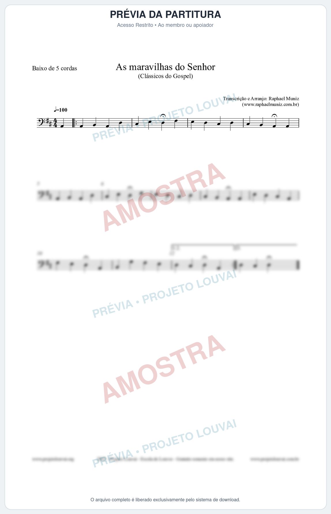 Prévia protegida da primeira página da partitura Partitura para Baixo de 5 cordas - As maravilhas do Senhor - Salmos e Hinos nº213 - Clássicos do Gospel