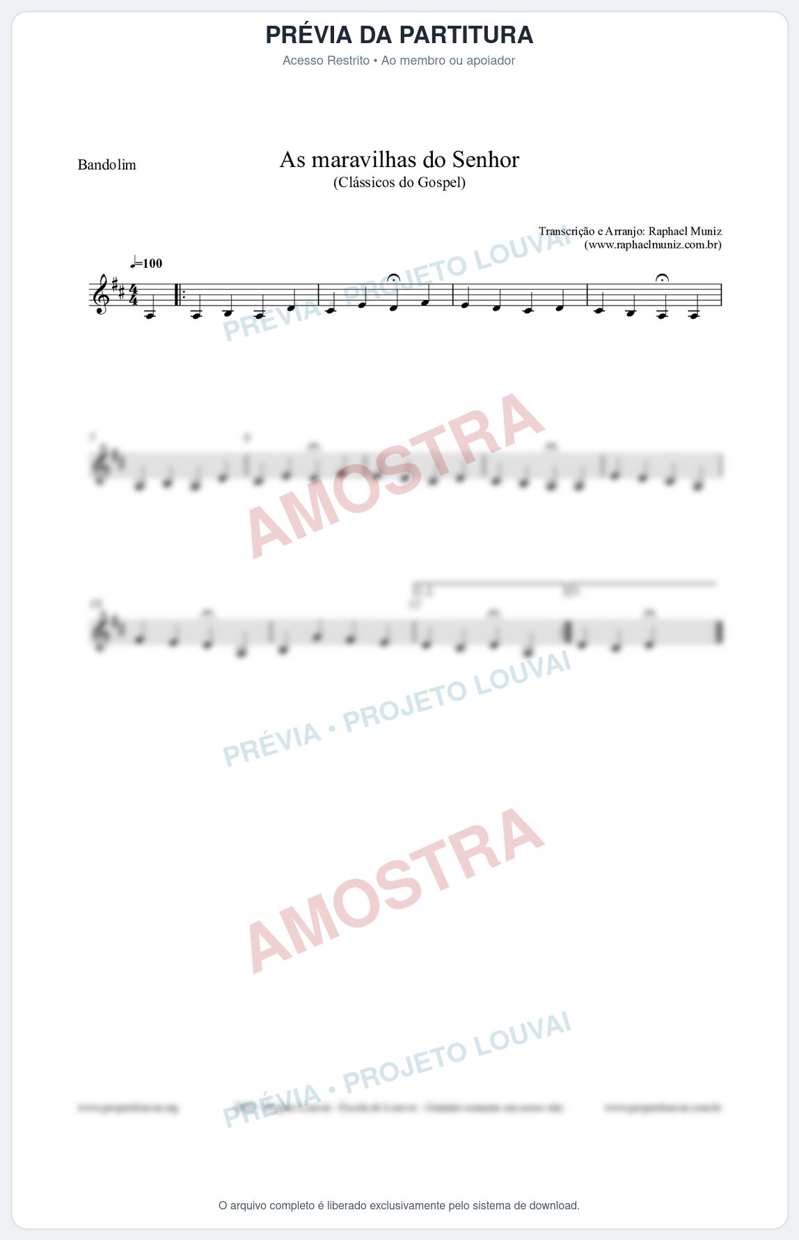 Prévia protegida da primeira página da partitura Partitura para Bandolim - As maravilhas do Senhor - Salmos e Hinos nº213 - Clássicos do Gospel
