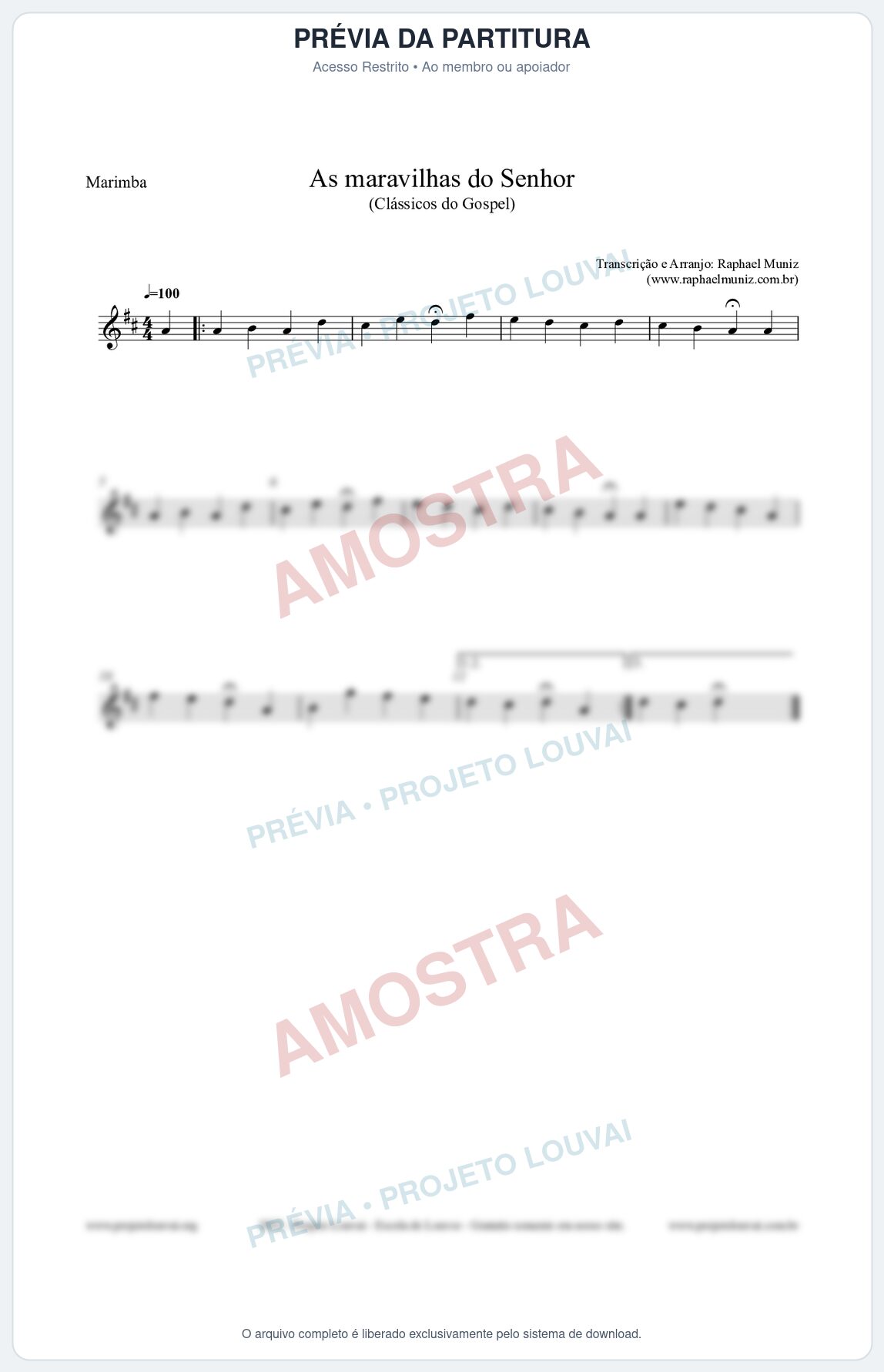 Prévia protegida da primeira página da partitura Partitura para Marimba - As maravilhas do Senhor - Salmos e Hinos nº213 - Clássicos do Gospel