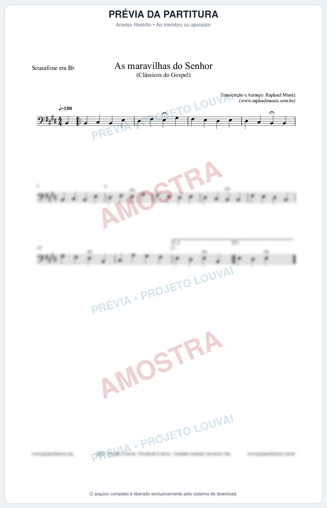 Prévia protegida da primeira página da partitura Partitura para Sousafone em Bb - As maravilhas do Senhor - Salmos e Hinos nº213 - Clássicos do Gospel