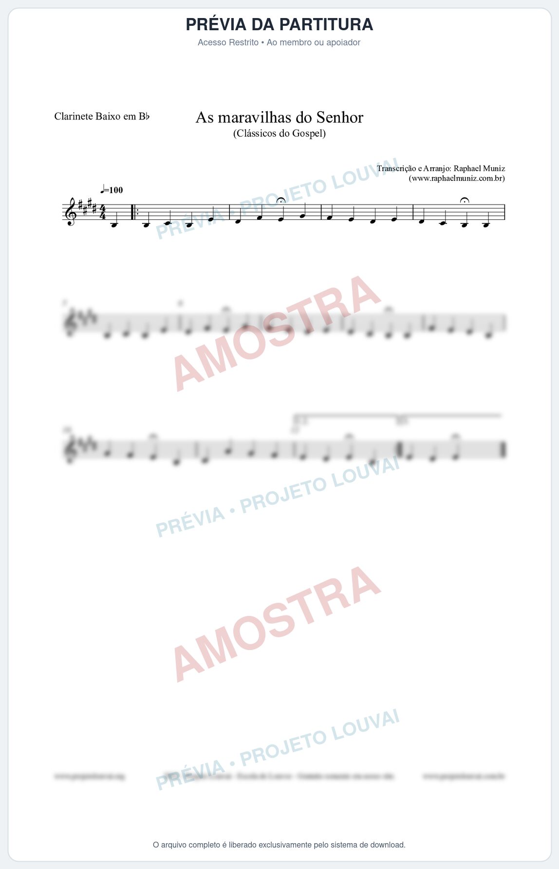 Prévia protegida da primeira página da partitura Partitura para Clarinete Baixo em Bb - As maravilhas do Senhor - Salmos e Hinos nº213 - Clássicos do Gospel