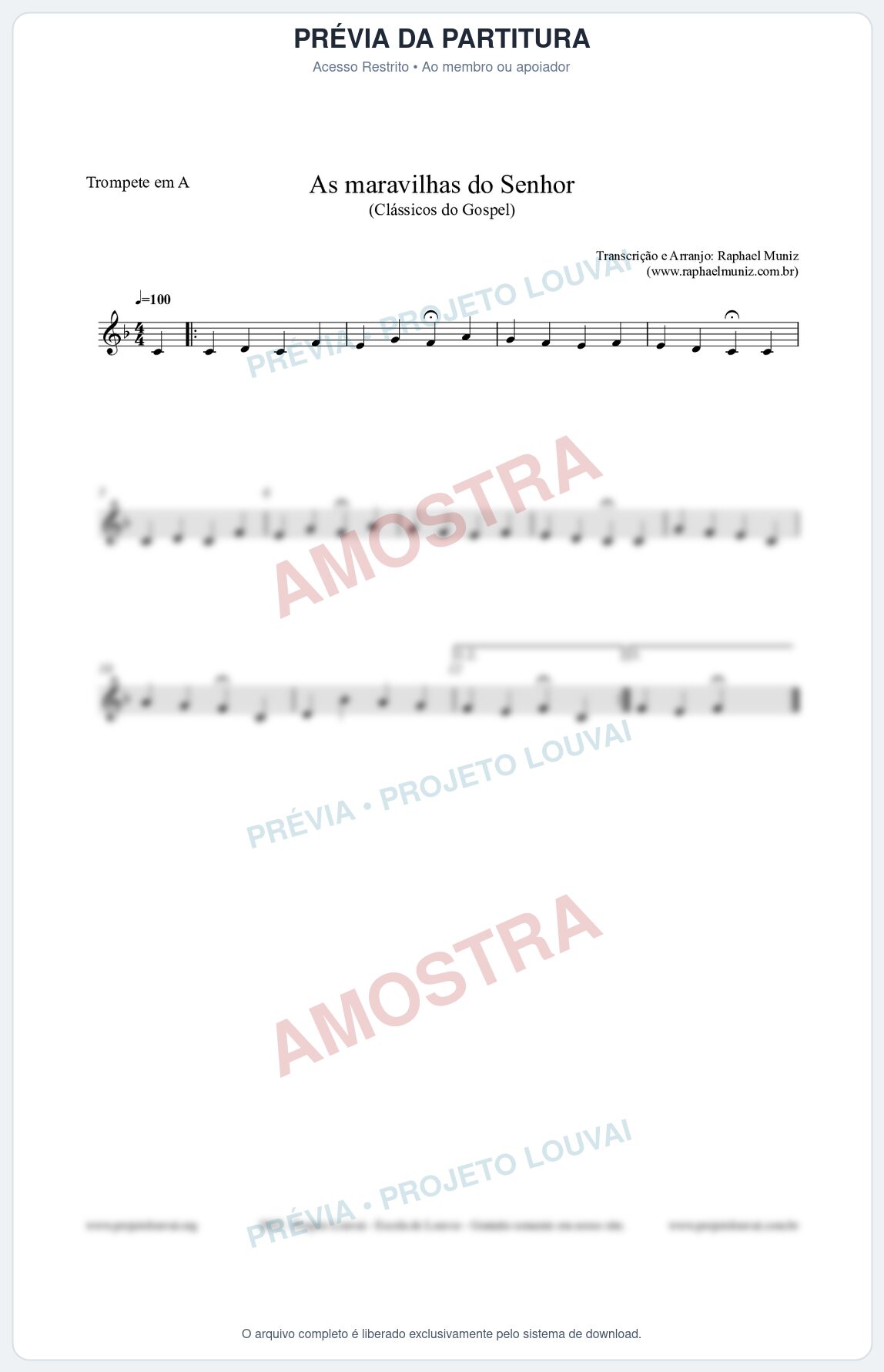 Prévia protegida da primeira página da partitura Partitura para Trompete em A - As maravilhas do Senhor - Salmos e Hinos nº213 - Clássicos do Gospel