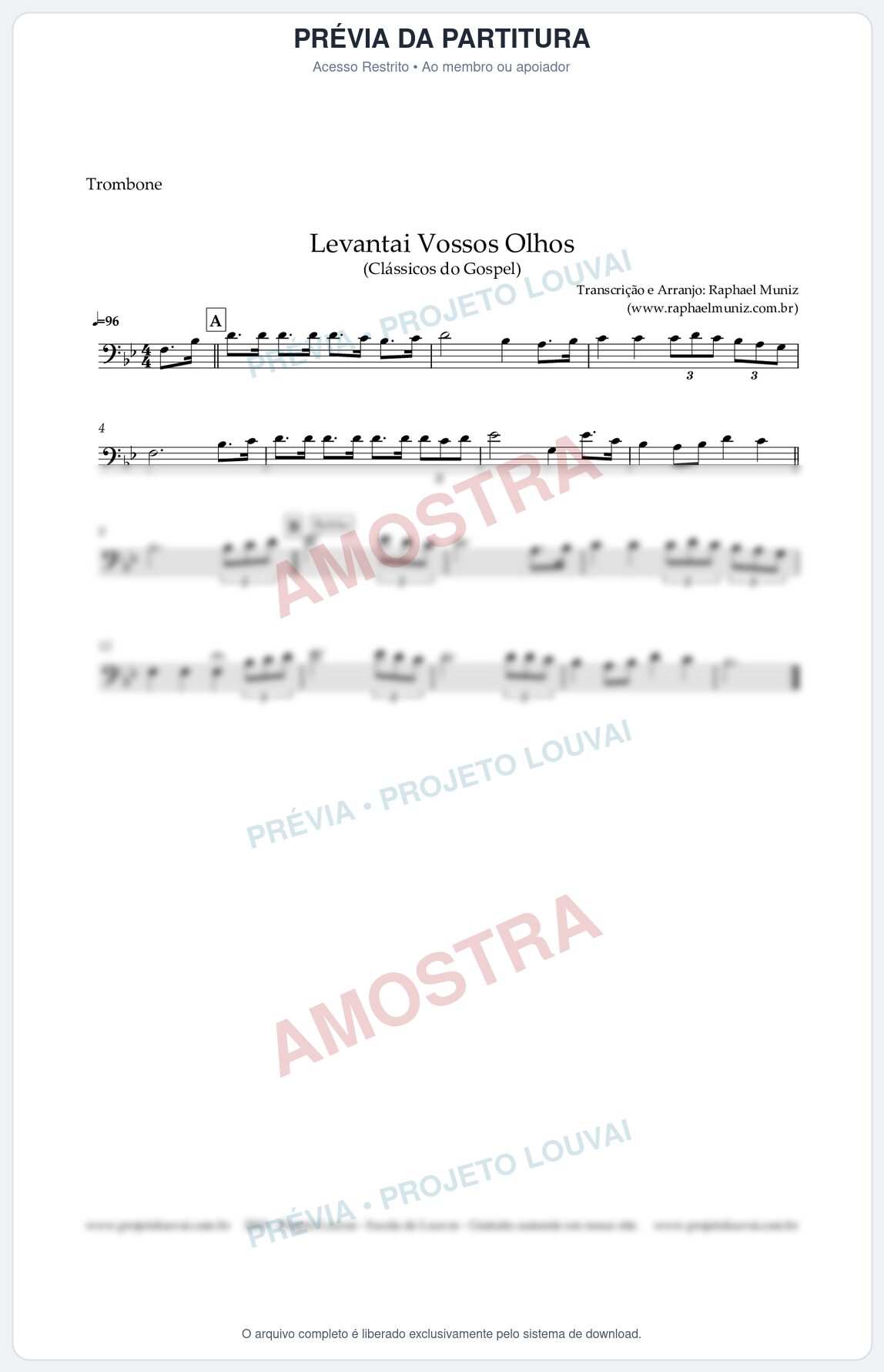 Prévia protegida da primeira página da partitura Partitura para Trombone - Levantai Vossos Olhos - Harpa Cristã nº 323 - Clássicos do Gospel