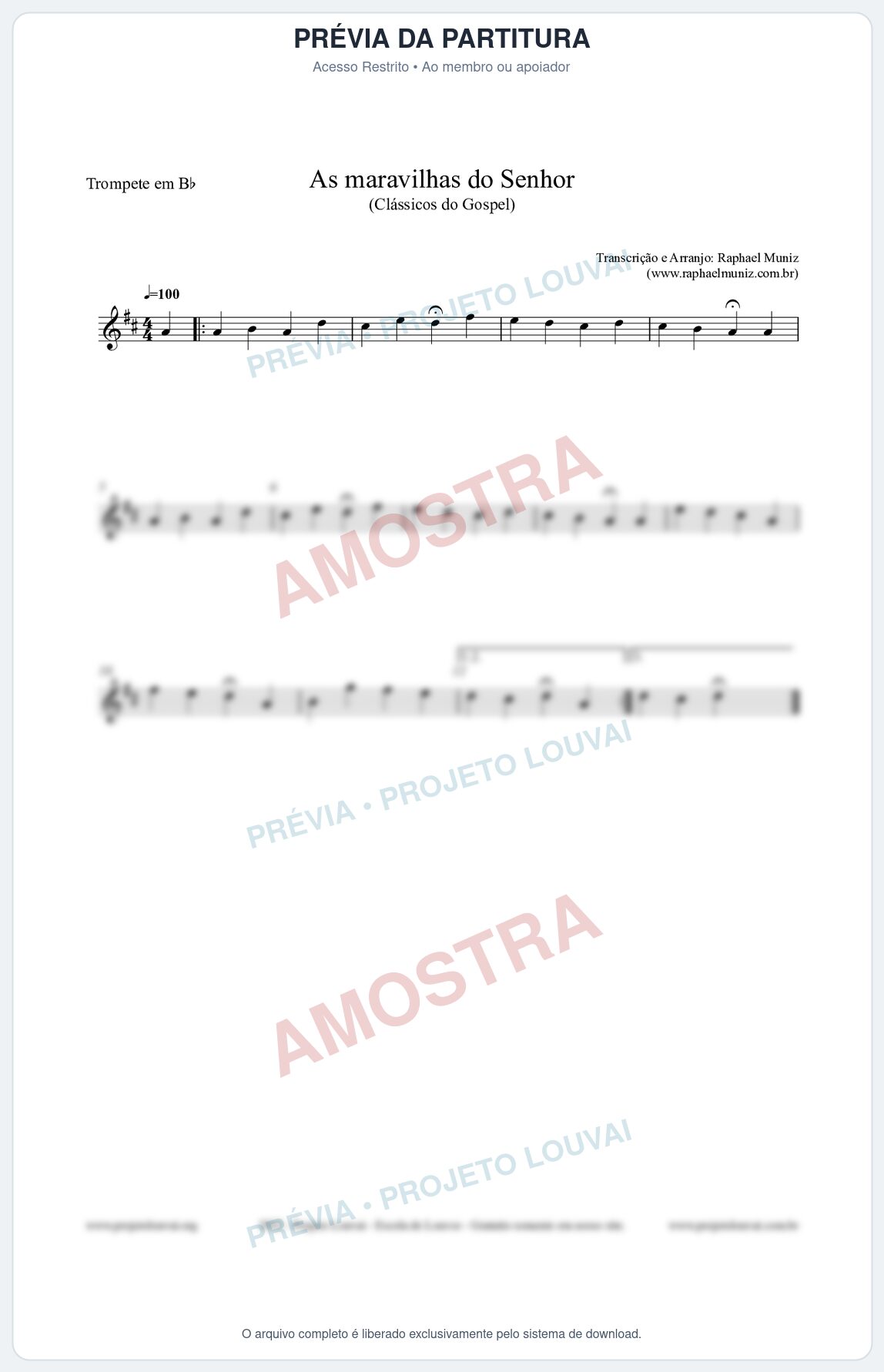 Prévia protegida da primeira página da partitura Partitura para Trompete em Bb - As maravilhas do Senhor - Salmos e Hinos nº213 - Clássicos do Gospel