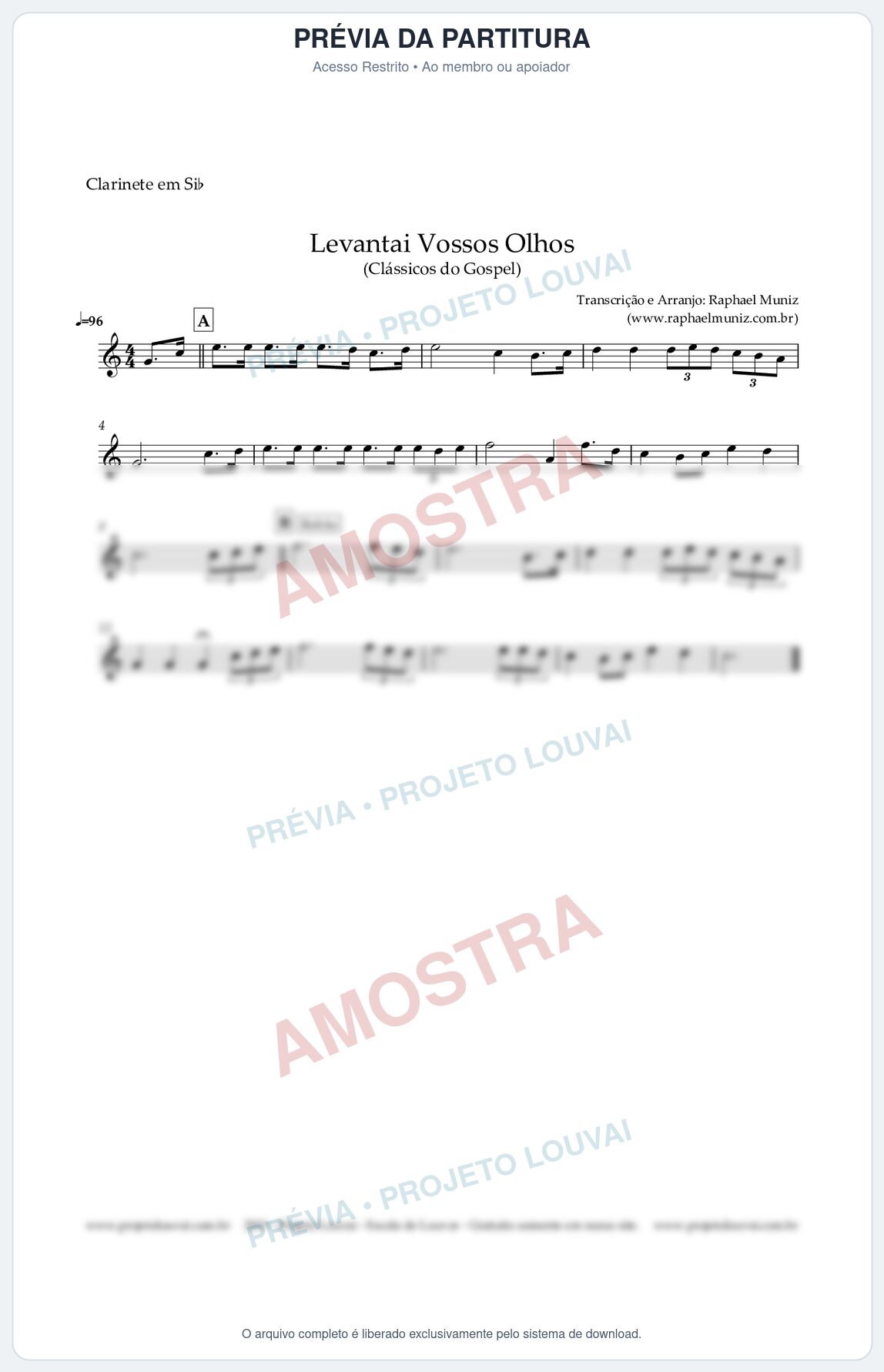 Prévia protegida da primeira página da partitura Partitura para Clarinete em Bb - Levantai Vossos Olhos - Harpa Cristã nº 323 - Clássicos do Gospel