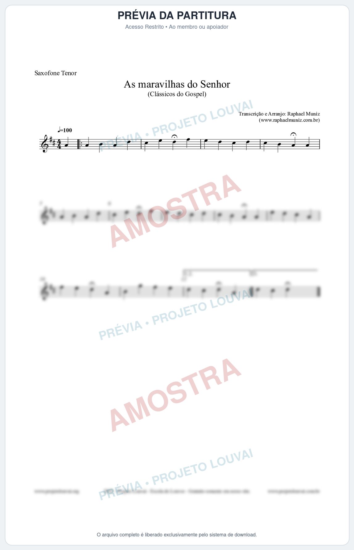 Prévia protegida da primeira página da partitura Partitura para Saxofone Tenor - As maravilhas do Senhor - Salmos e Hinos nº213 - Clássicos do Gospel