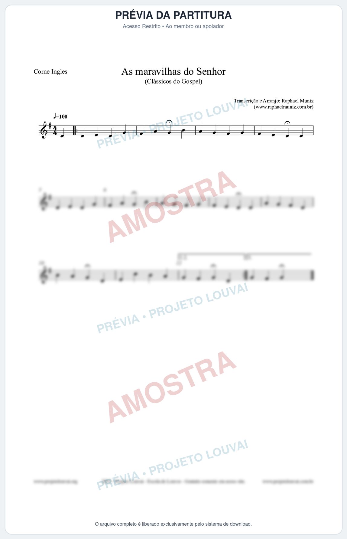 Prévia protegida da primeira página da partitura Partitura para Corne Inglês - As maravilhas do Senhor - Salmos e Hinos nº213 - Clássicos do Gospel