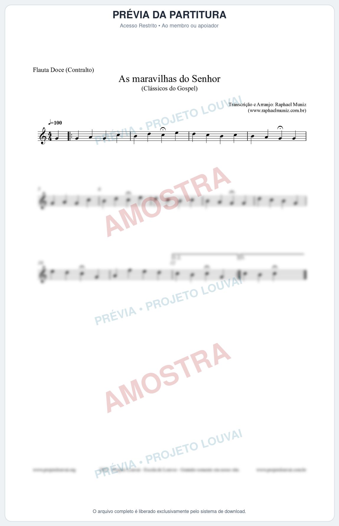 Prévia protegida da primeira página da partitura Partitura para Flauta Doce (Contralto) - As maravilhas do Senhor - Salmos e Hinos nº213 - Clássicos do Gospel