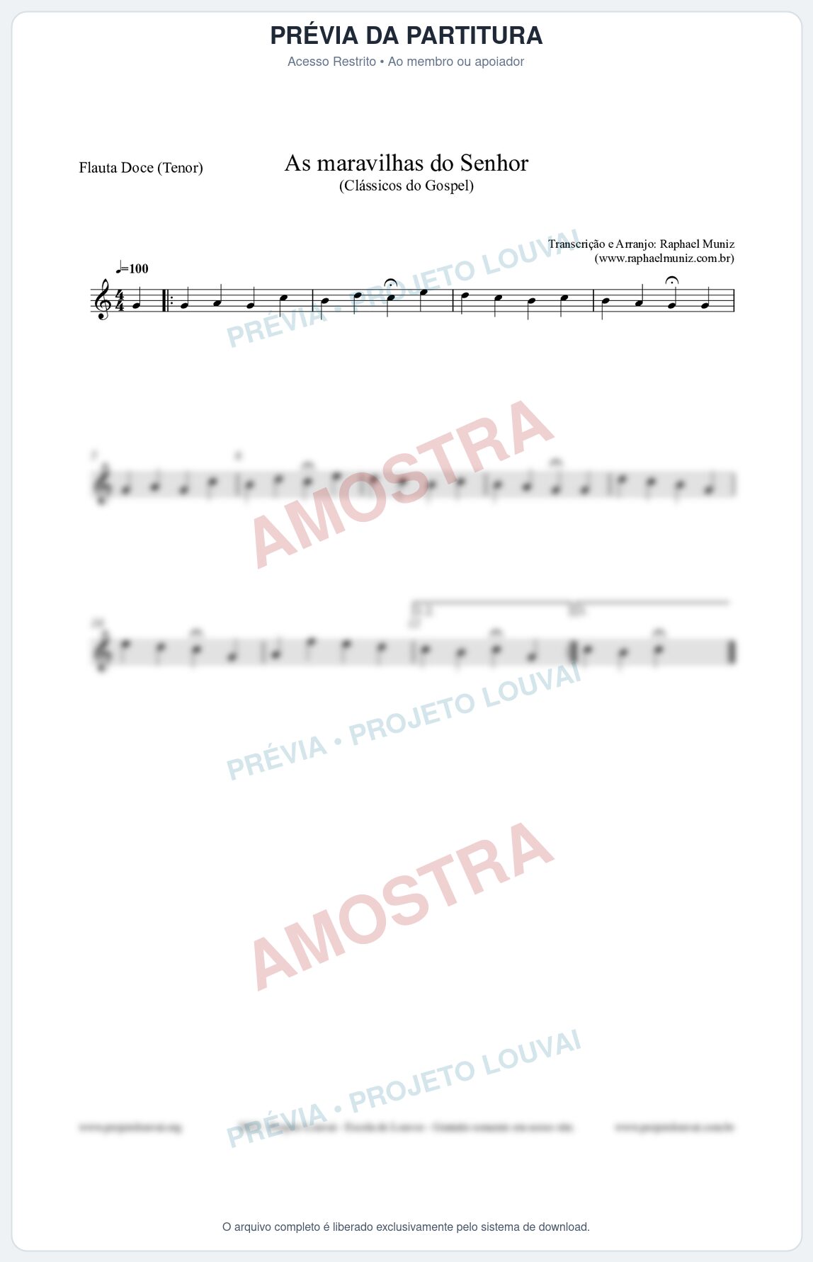 Prévia protegida da primeira página da partitura Partitura para Flauta Doce (Tenor) - As maravilhas do Senhor - Salmos e Hinos nº213 - Clássicos do Gospel