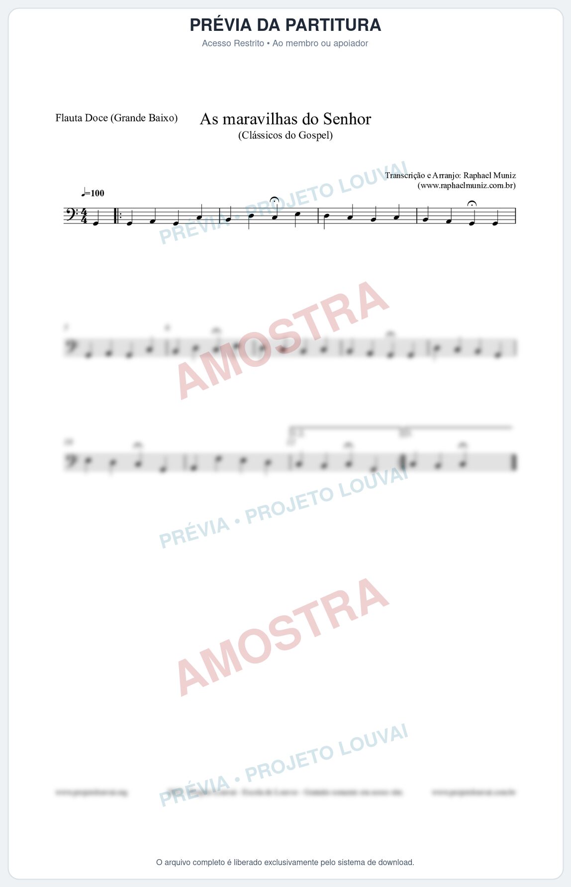 Prévia protegida da primeira página da partitura Partitura para Flauta Doce (Grande Baixo) - As maravilhas do Senhor - Salmos e Hinos nº213 - Clássicos do Gospel