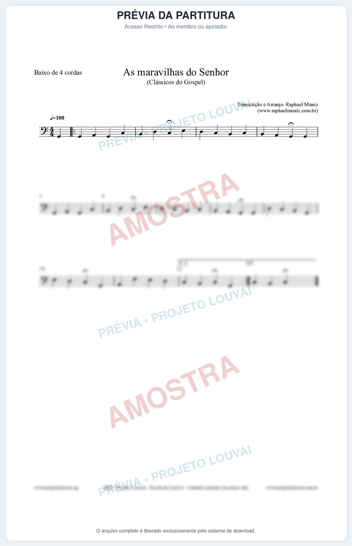 Prévia protegida da primeira página da partitura Partitura para Baixo de 4 cordas - As maravilhas do Senhor - Salmos e Hinos nº213 - Clássicos do Gospel