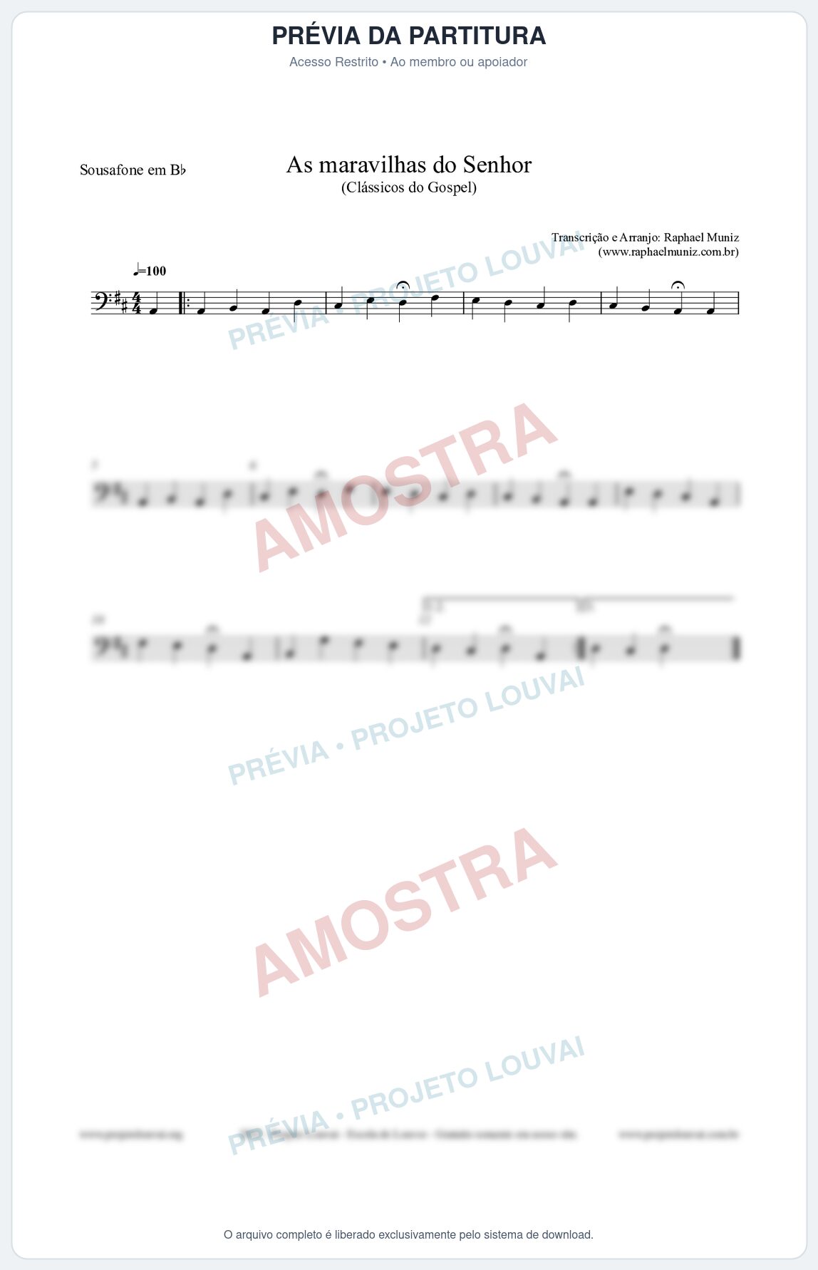 Prévia protegida da primeira página da partitura Partitura para Sousafone em Bb - As maravilhas do Senhor - Salmos e Hinos nº213 - Clássicos do Gospel