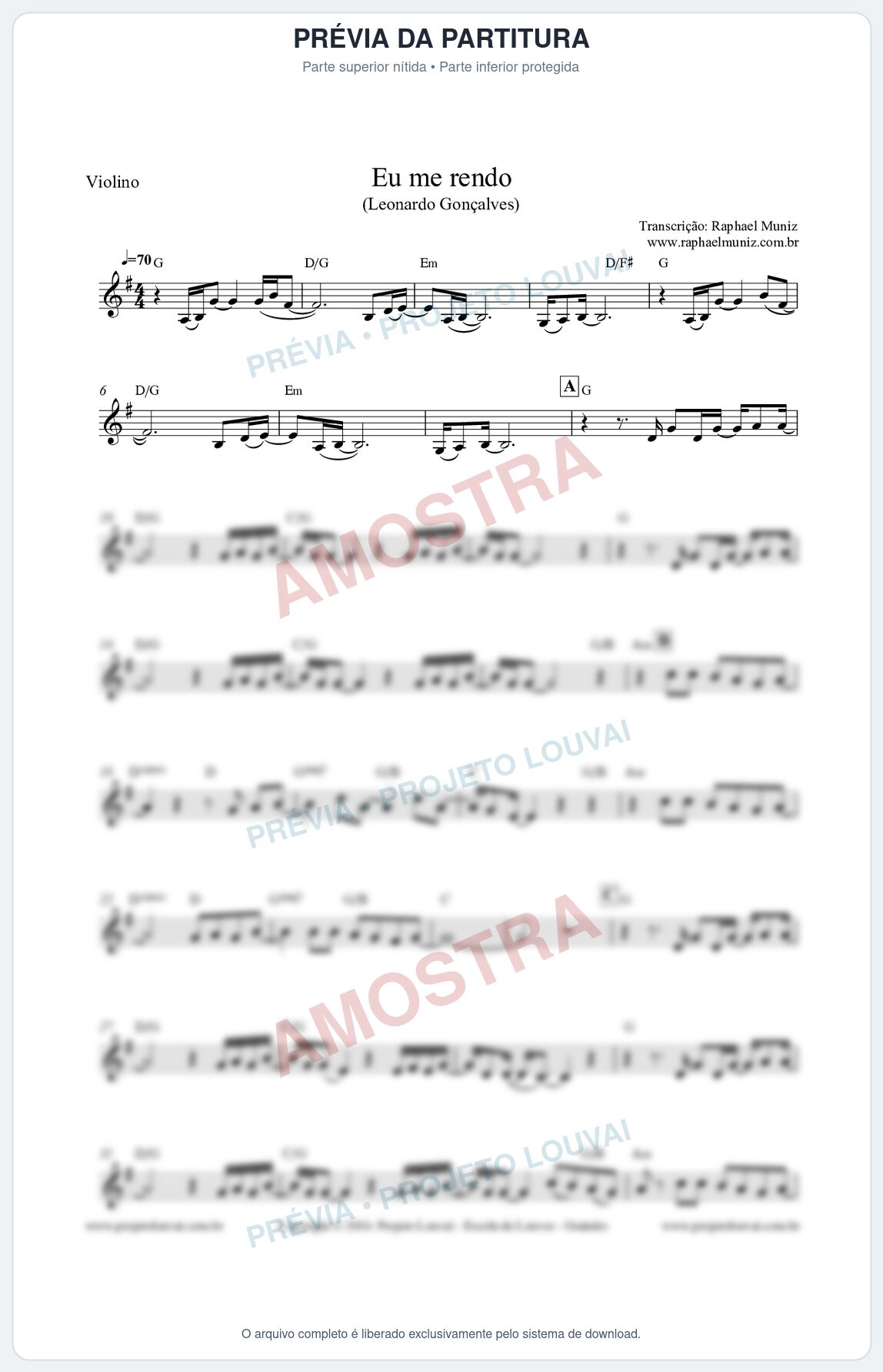 Prévia protegida da primeira página da partitura Partitura para Violino - Eu me rendo - Leonardo Gonçalves