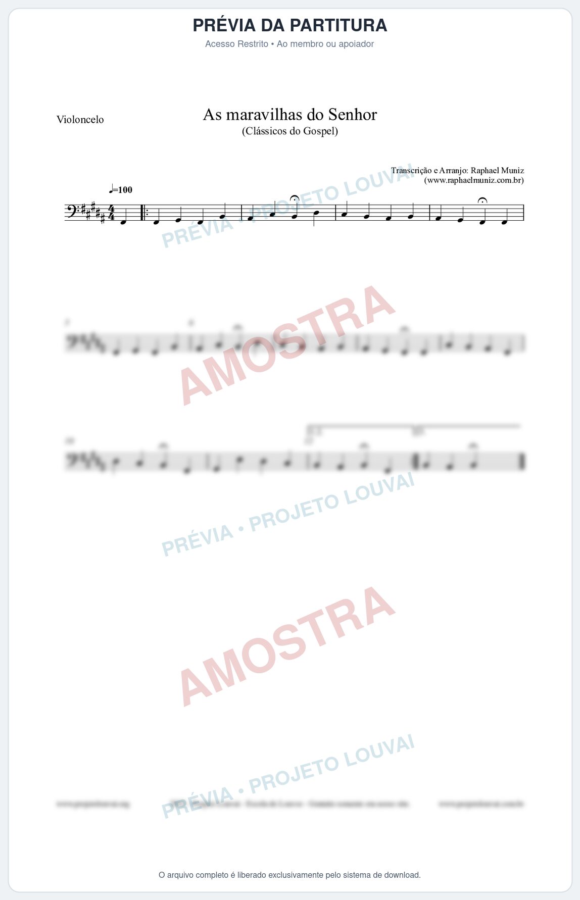 Prévia protegida da primeira página da partitura Partitura para Violoncelo - As maravilhas do Senhor - Salmos e Hinos nº213 - Clássicos do Gospel