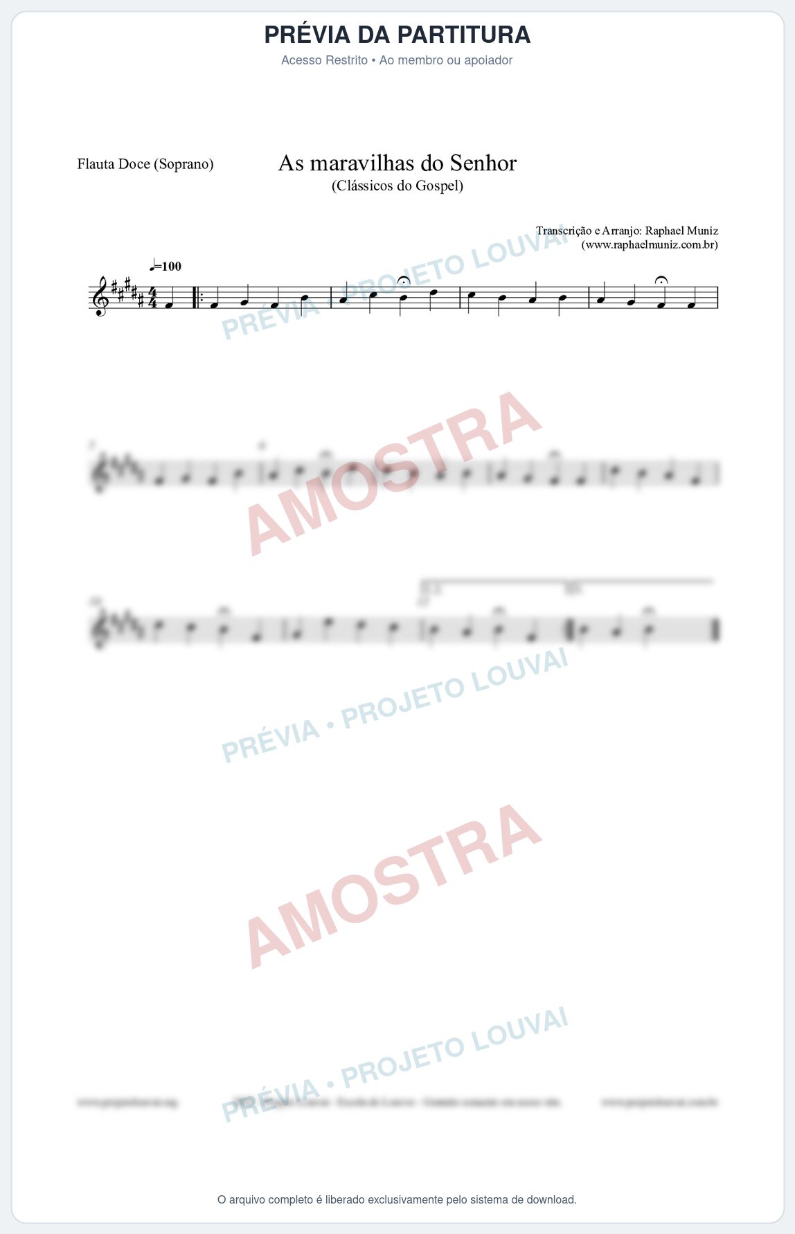 Prévia protegida da primeira página da partitura Partitura para Flauta Doce (Soprano) - As maravilhas do Senhor - Salmos e Hinos nº213 - Clássicos do Gospel
