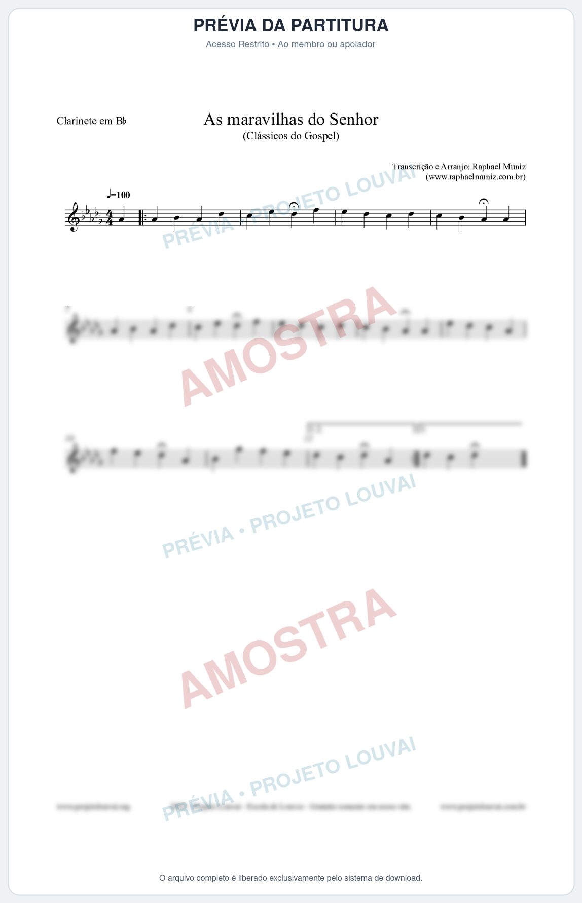 Prévia protegida da primeira página da partitura Partitura para Clarinete em Bb - As maravilhas do Senhor - Salmos e Hinos nº213 - Clássicos do Gospel