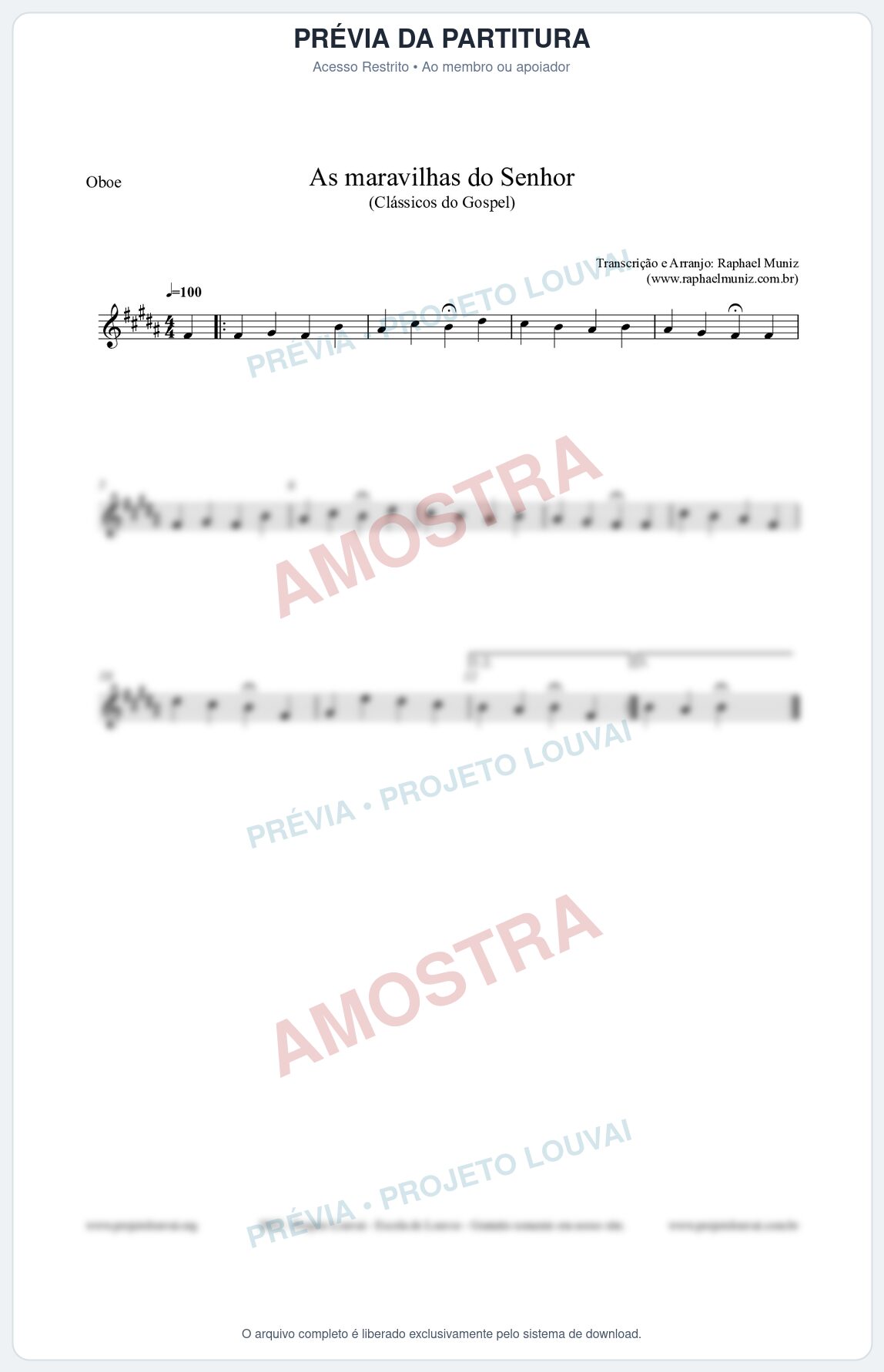Prévia protegida da primeira página da partitura Partitura para Oboé - As maravilhas do Senhor - Salmos e Hinos nº213 - Clássicos do Gospel