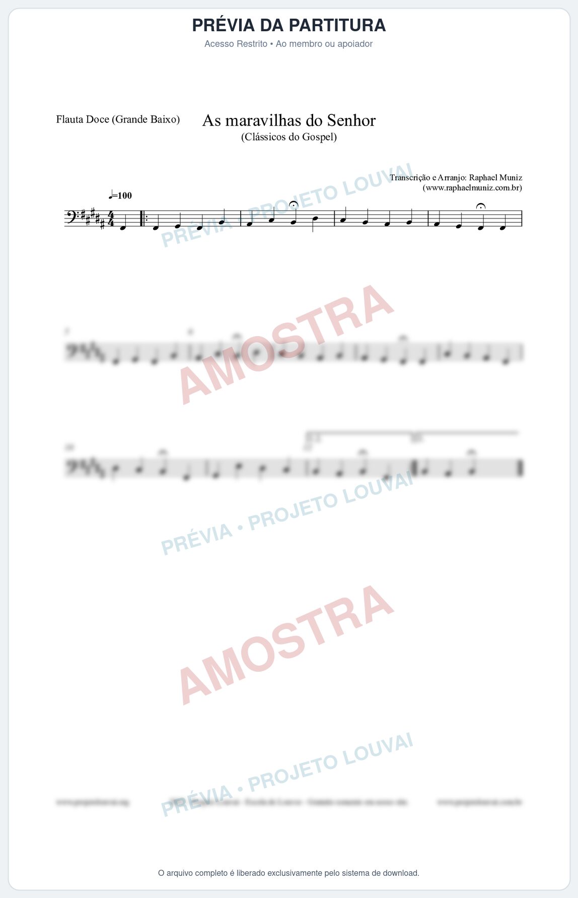 Prévia protegida da primeira página da partitura Partitura para Flauta Doce (Grande Baixo) - As maravilhas do Senhor - Salmos e Hinos nº213 - Clássicos do Gospel