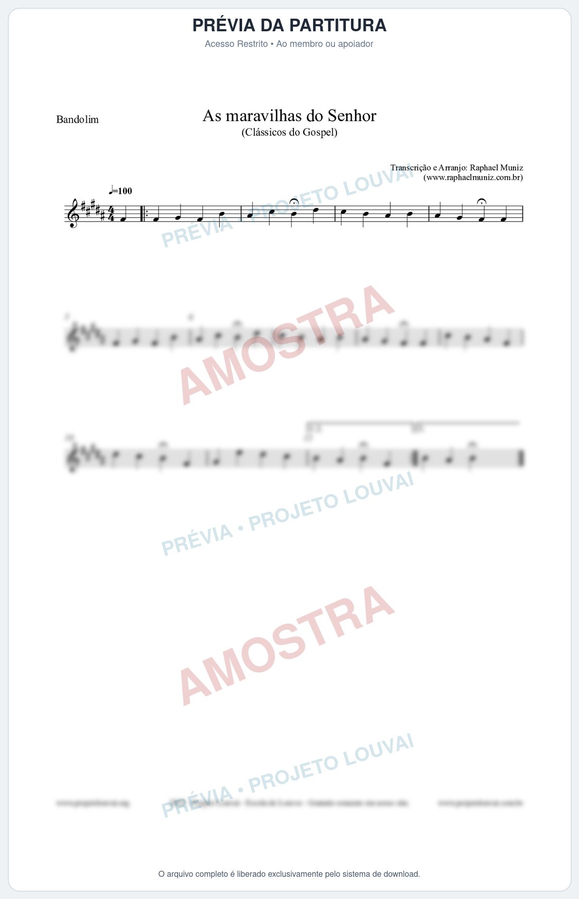 Prévia protegida da primeira página da partitura Partitura para Bandolim - As maravilhas do Senhor - Salmos e Hinos nº213 - Clássicos do Gospel