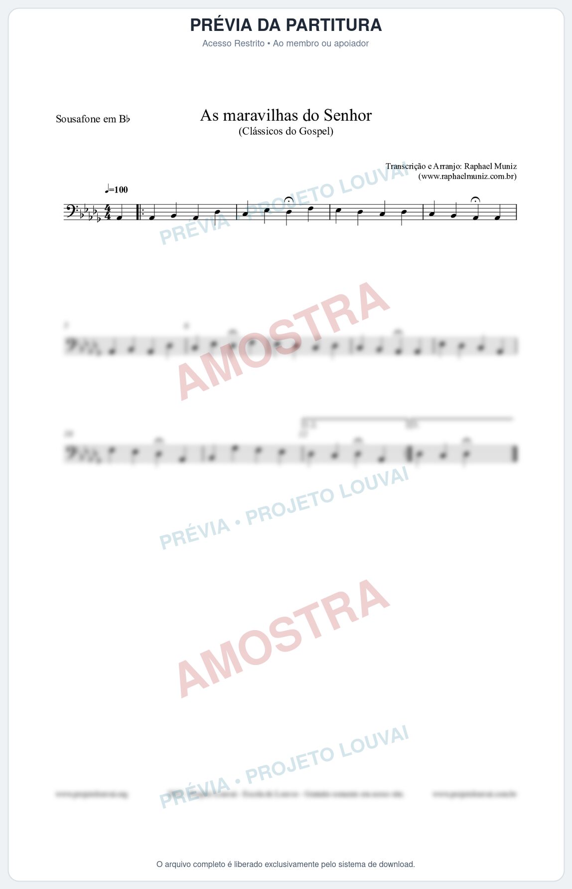 Prévia protegida da primeira página da partitura Partitura para Sousafone em Bb - As maravilhas do Senhor - Salmos e Hinos nº213 - Clássicos do Gospel