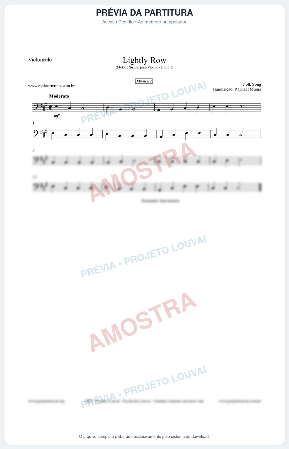 Prévia protegida da primeira página da partitura Partitura para Violoncelo - Lightly Row - Música 2 - Método Suzuki para Violino Vol.1