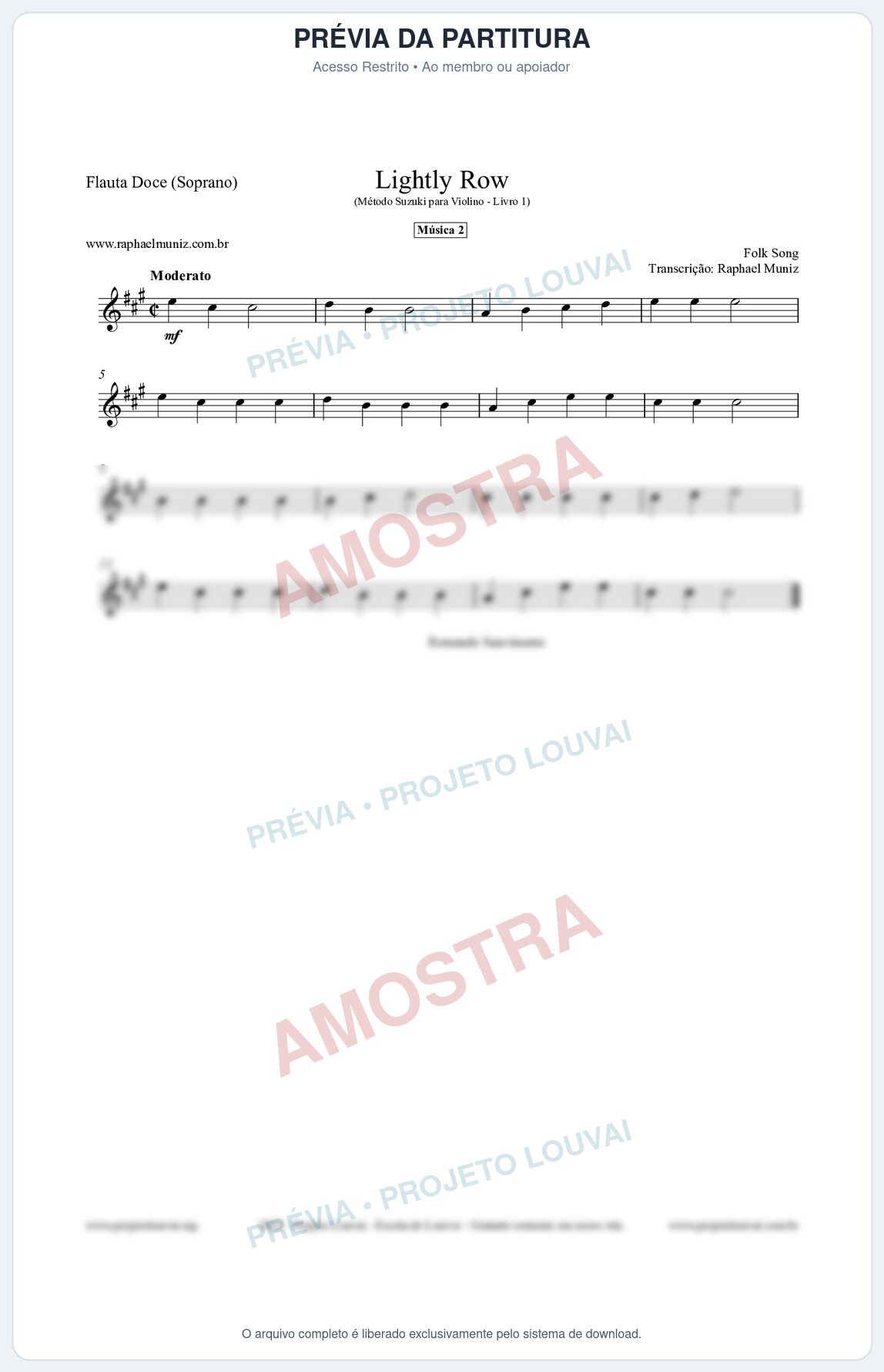 Prévia protegida da primeira página da partitura Partitura para Flauta Doce (Soprano) - Lightly Row - Música 2 - Método Suzuki para Violino Vol.1