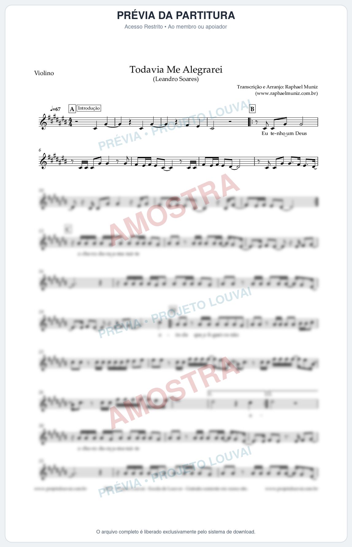 Prévia protegida da primeira página da partitura Partitura para Violino - Todavia Me Alegrarei - Leandro Soares