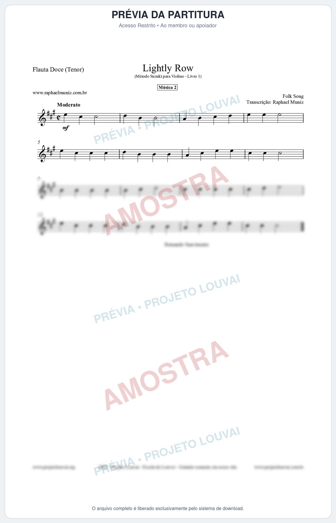Prévia protegida da primeira página da partitura Partitura para Flauta Doce (Tenor) - Lightly Row - Música 2 - Método Suzuki para Violino Vol.1