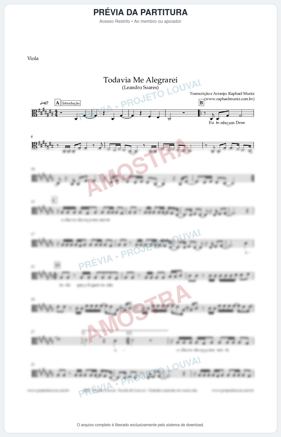 Prévia protegida da primeira página da partitura Partitura para Viola - Todavia Me Alegrarei - Leandro Soares