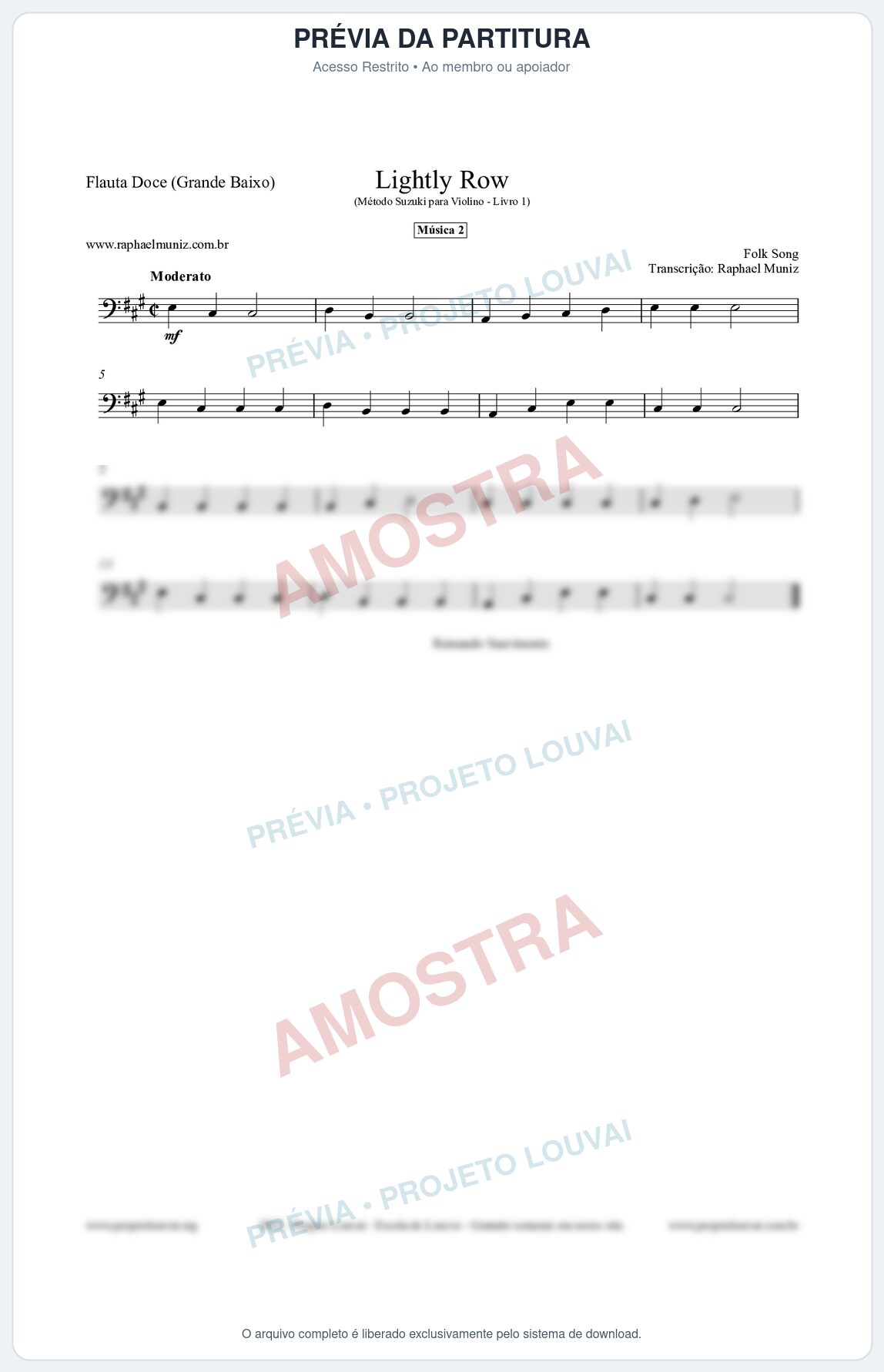 Prévia protegida da primeira página da partitura Partitura para Flauta Doce (Grande Baixo) - Lightly Row - Música 2 - Método Suzuki para Violino Vol.1