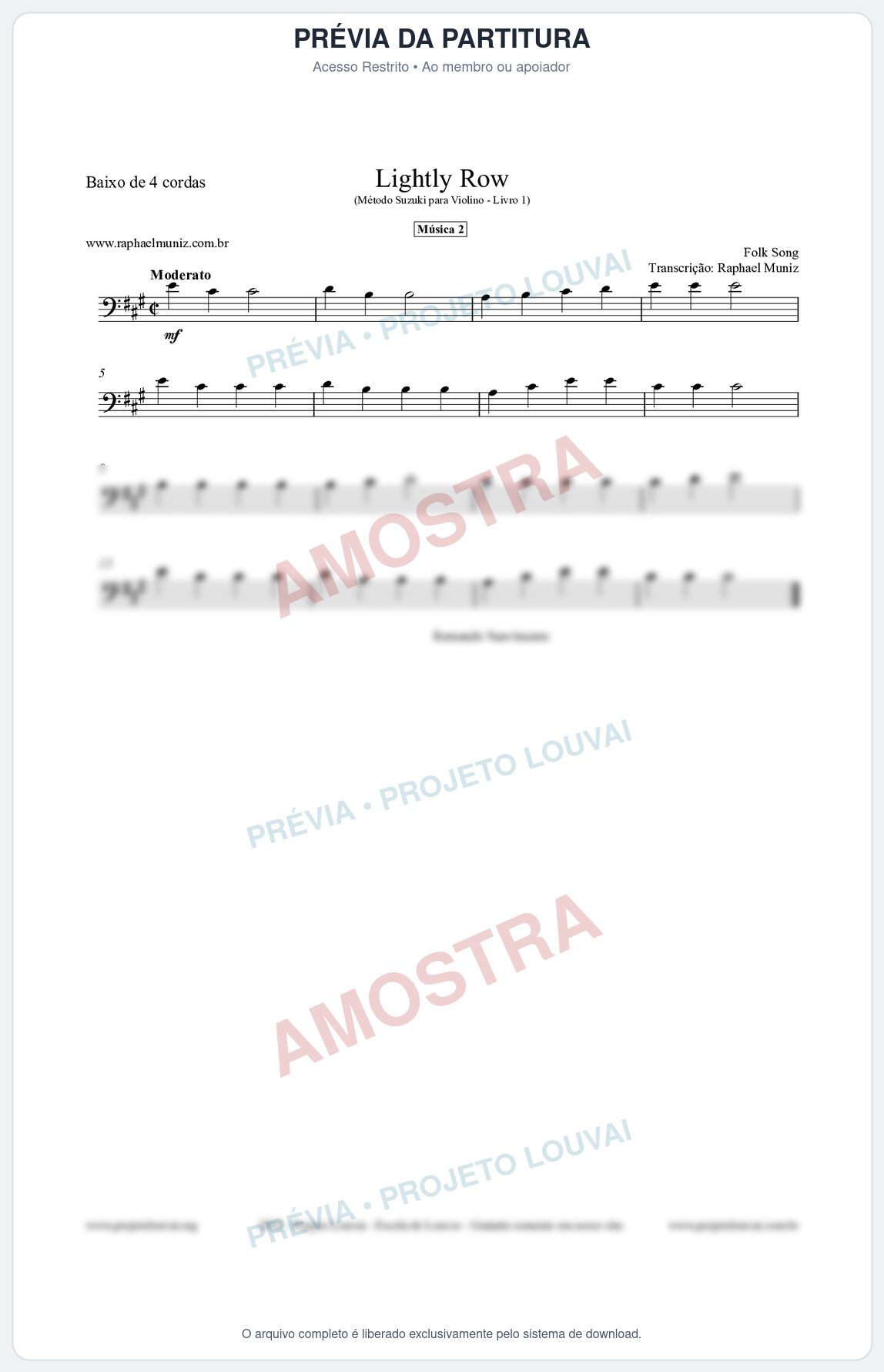 Prévia protegida da primeira página da partitura Partitura para Baixo de 4 cordas - Lightly Row - Música 2 - Método Suzuki para Violino Vol.1
