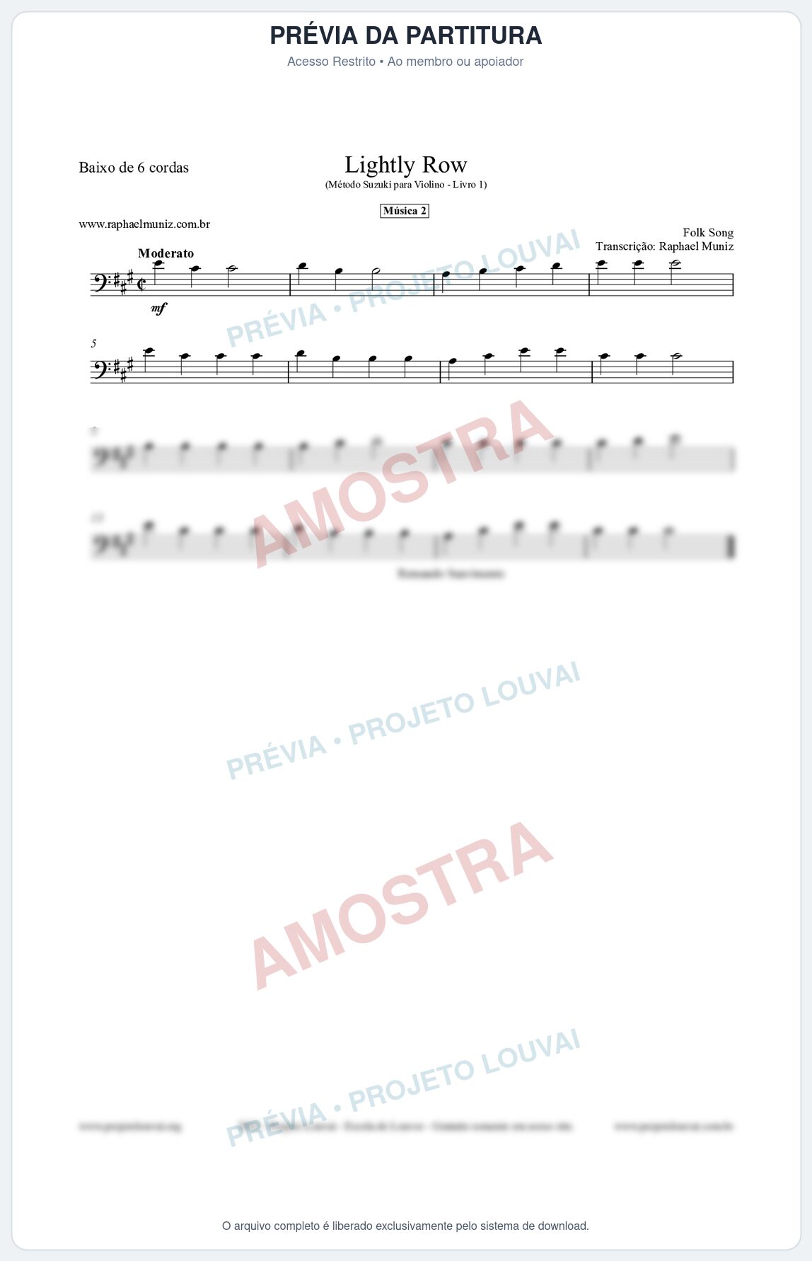 Prévia protegida da primeira página da partitura Partitura para Baixo de 6 cordas - Lightly Row - Música 2 - Método Suzuki para Violino Vol.1