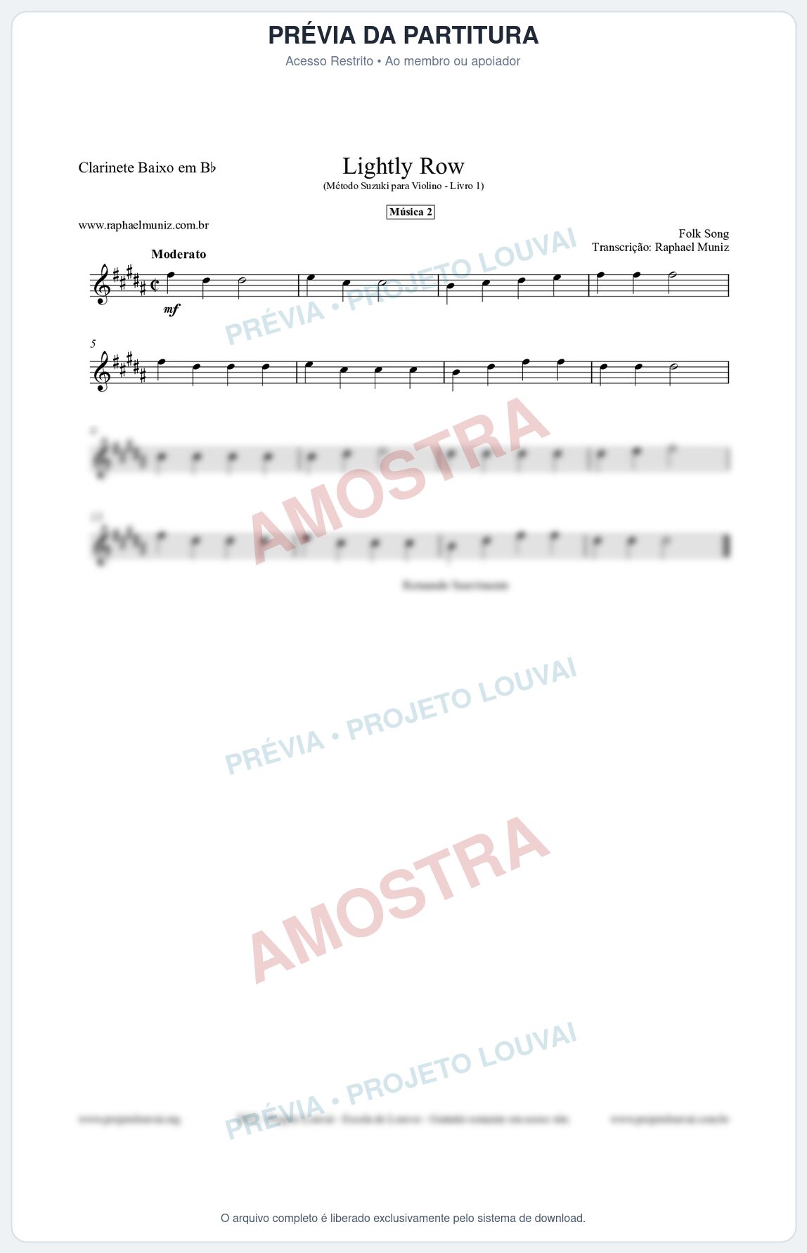 Prévia protegida da primeira página da partitura Partitura para Clarinete Baixo em Bb - Lightly Row - Música 2 - Método Suzuki para Violino Vol.1
