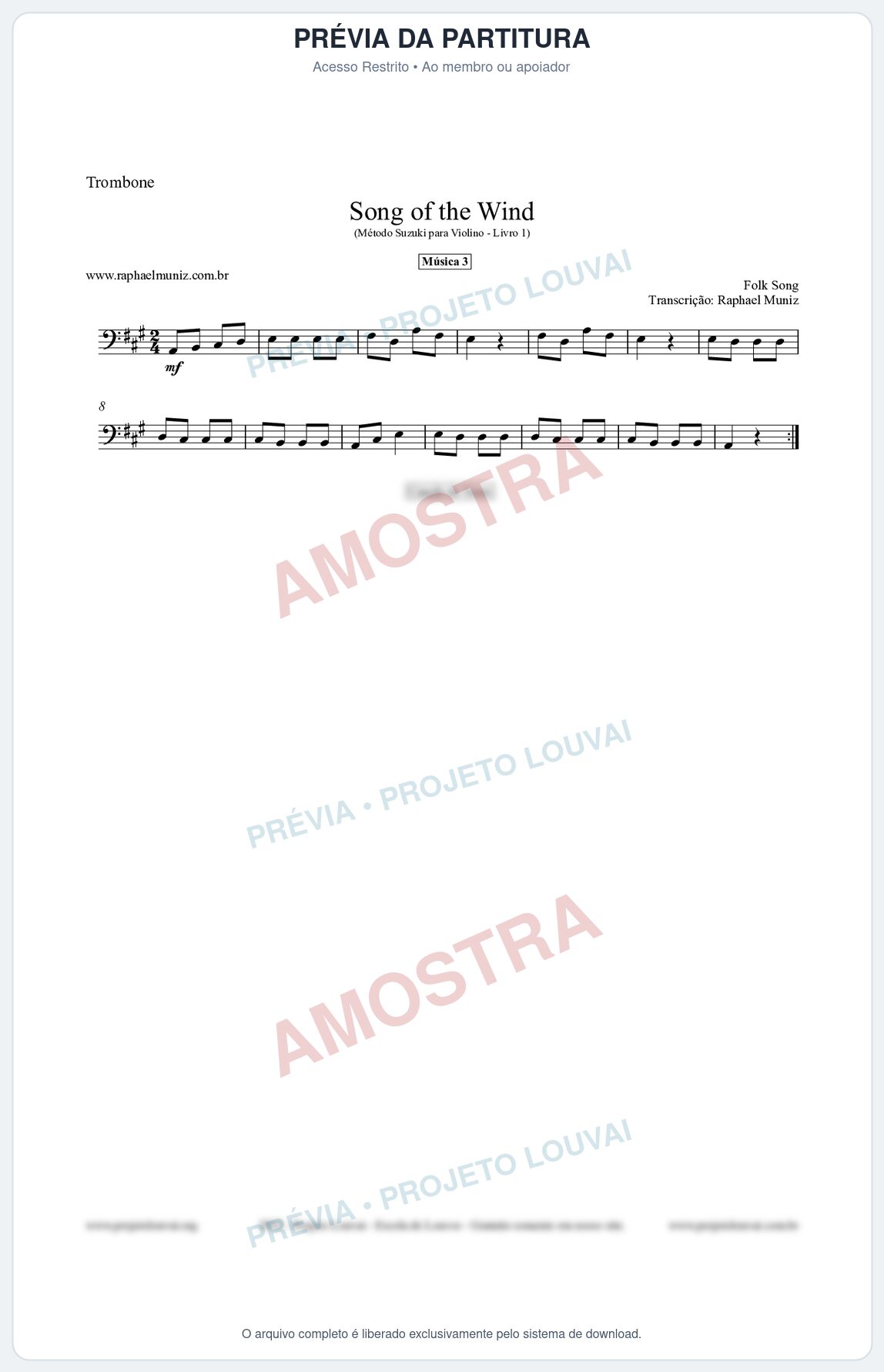 Prévia protegida da primeira página da partitura Partitura para Trombone - Song of the Wind - Música 3 - Método Suzuki para Violino Vol.1
