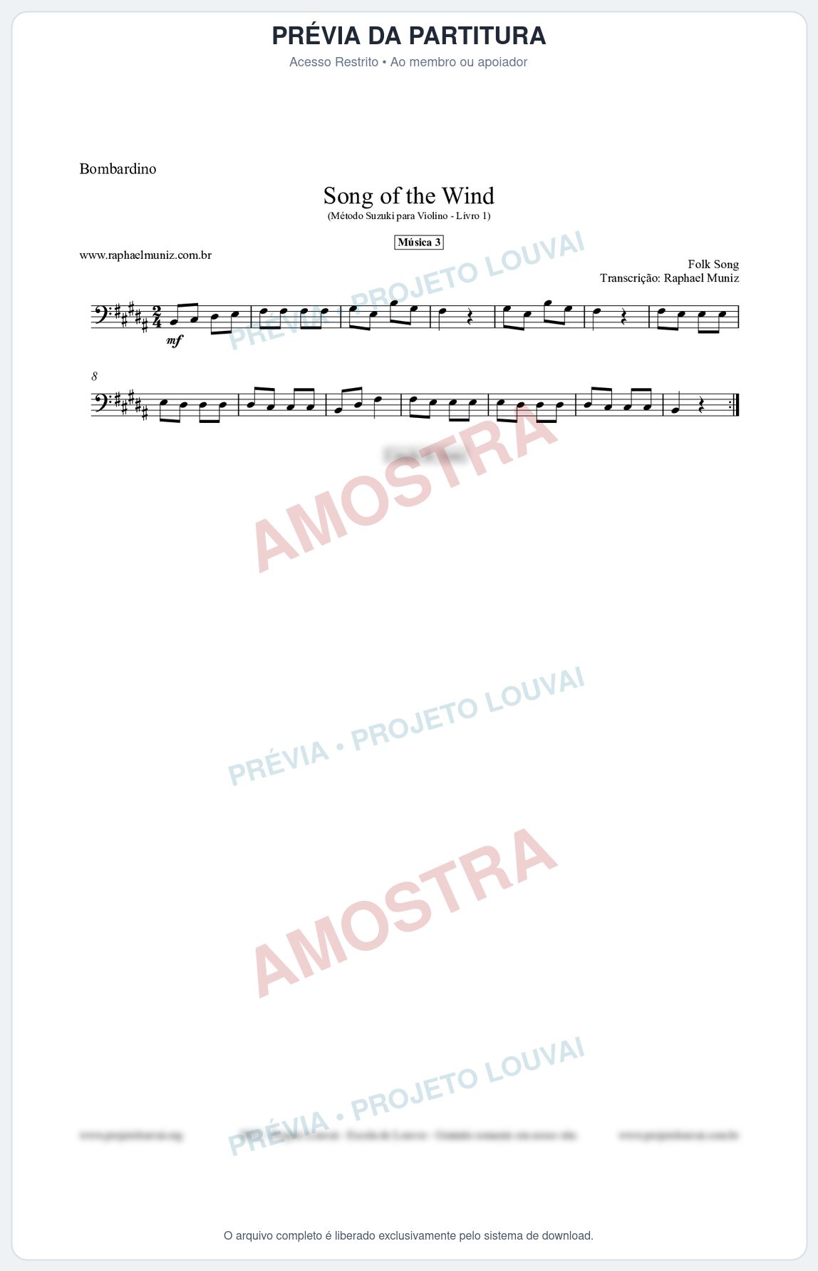 Prévia protegida da primeira página da partitura Partitura para Bombardino - Song of the Wind - Música 3 - Método Suzuki para Violino Vol.1