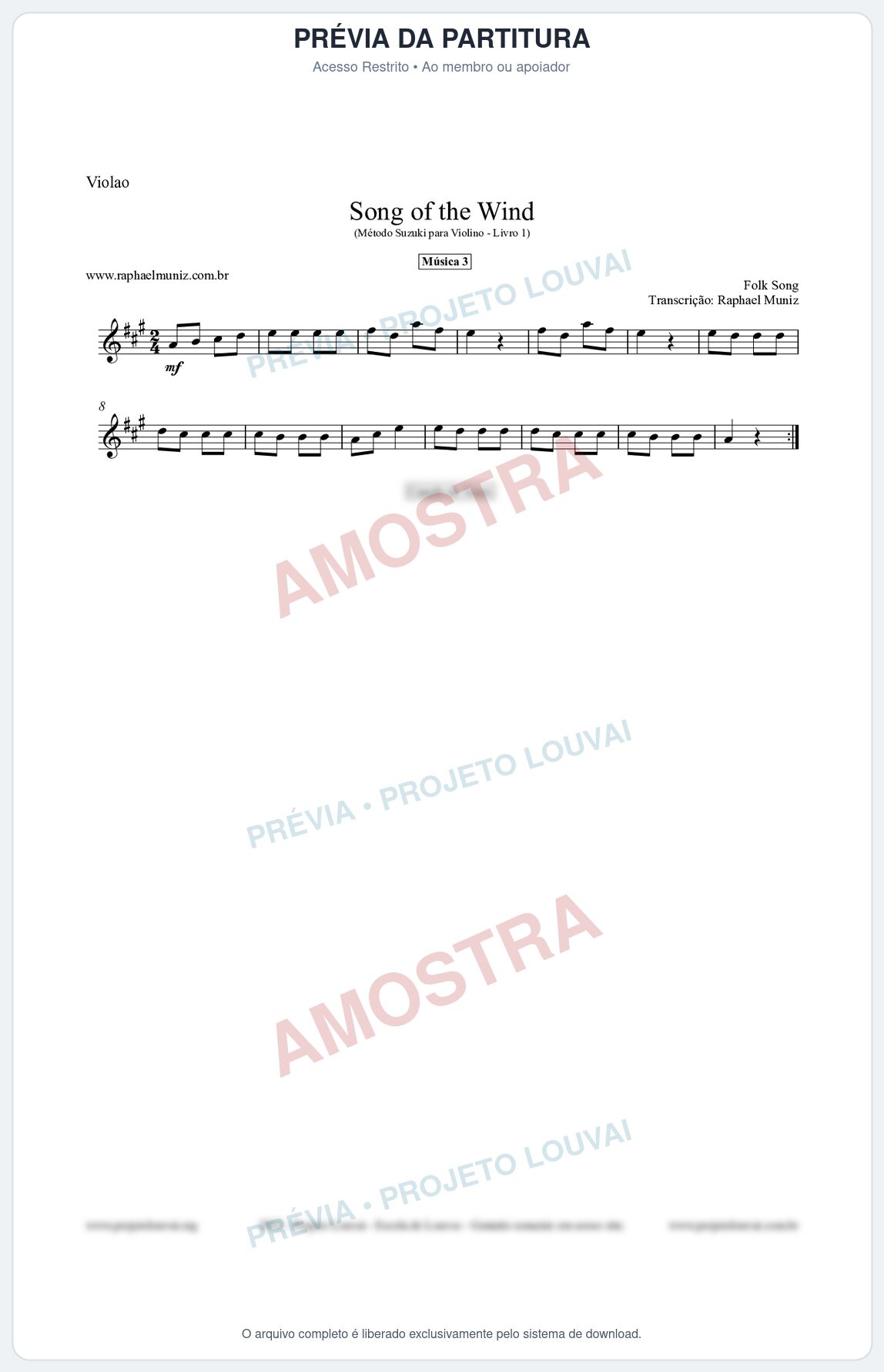 Prévia protegida da primeira página da partitura Partitura para Violão - Song of the Wind - Música 3 - Método Suzuki para Violino Vol.1