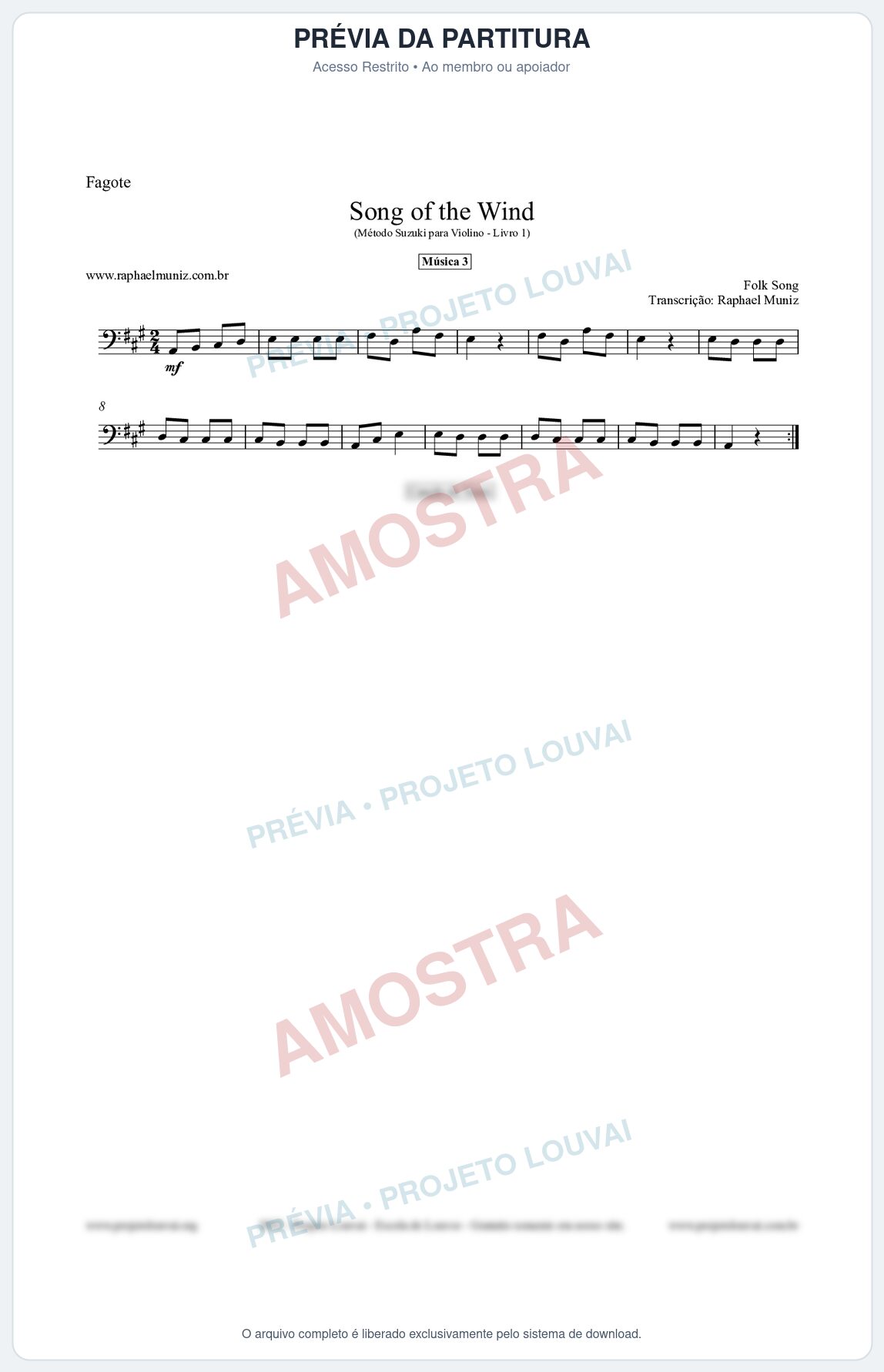 Prévia protegida da primeira página da partitura Partitura para Fagote - Song of the Wind - Música 3 - Método Suzuki para Violino Vol.1