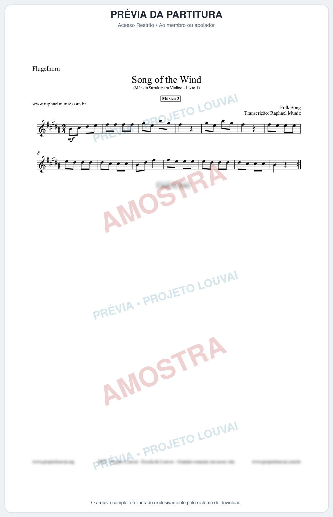 Prévia protegida da primeira página da partitura Partitura para Flugelhorn - Song of the Wind - Música 3 - Método Suzuki para Violino Vol.1