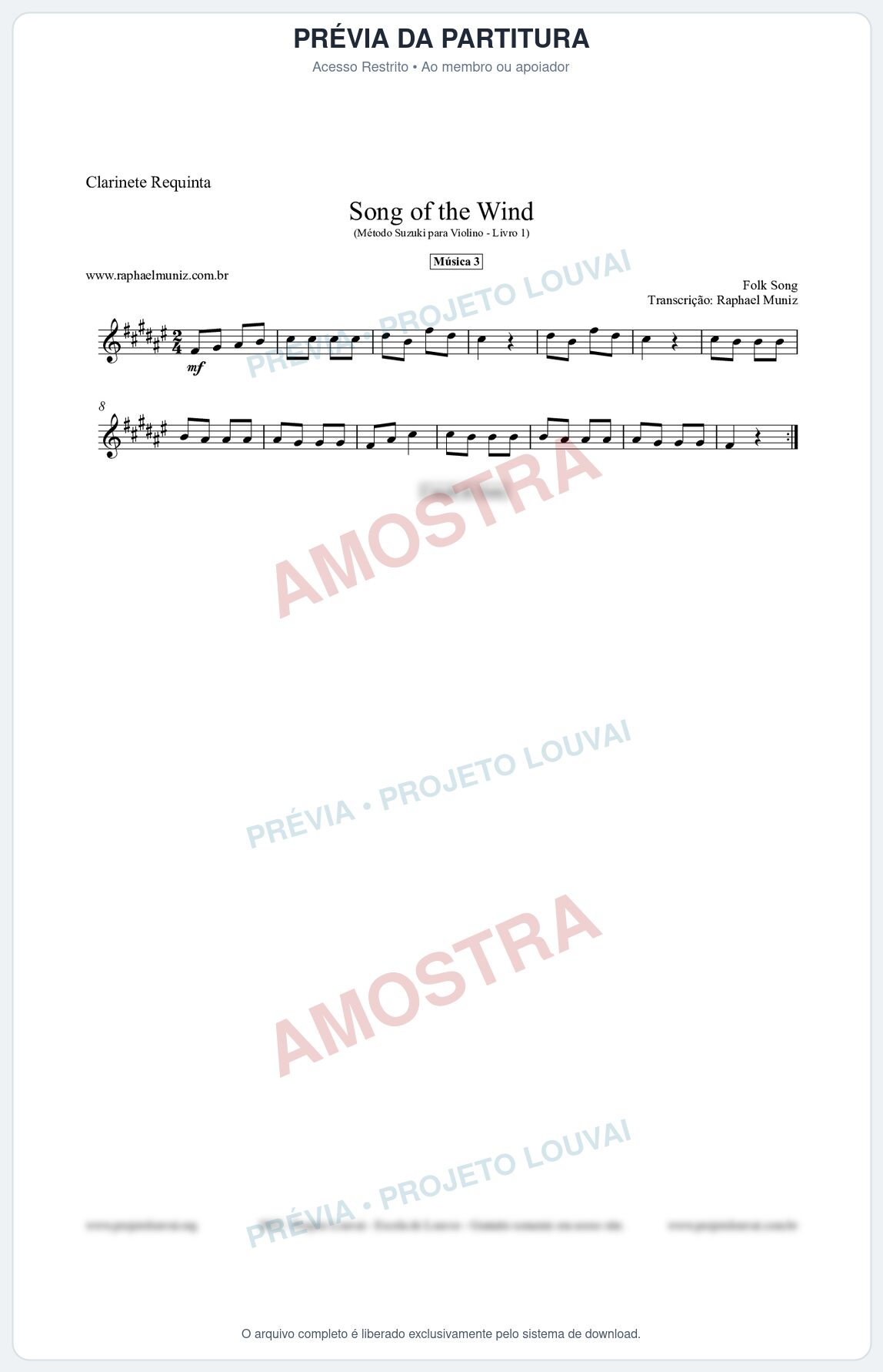 Prévia protegida da primeira página da partitura Partitura para Clarinete Requinta - Song of the Wind - Música 3 - Método Suzuki para Violino Vol.1