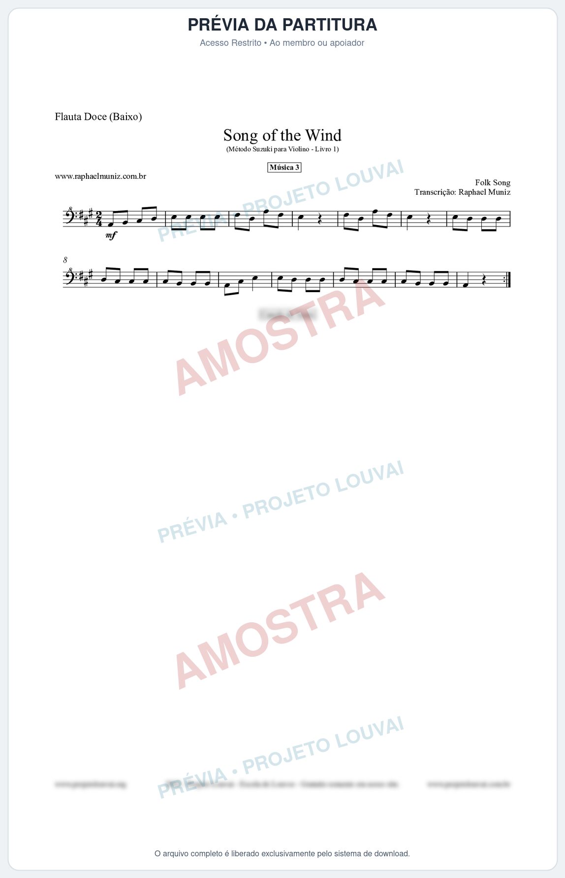 Prévia protegida da primeira página da partitura Partitura para Flauta Doce (Baixo) - Song of the Wind - Música 3 - Método Suzuki para Violino Vol.1