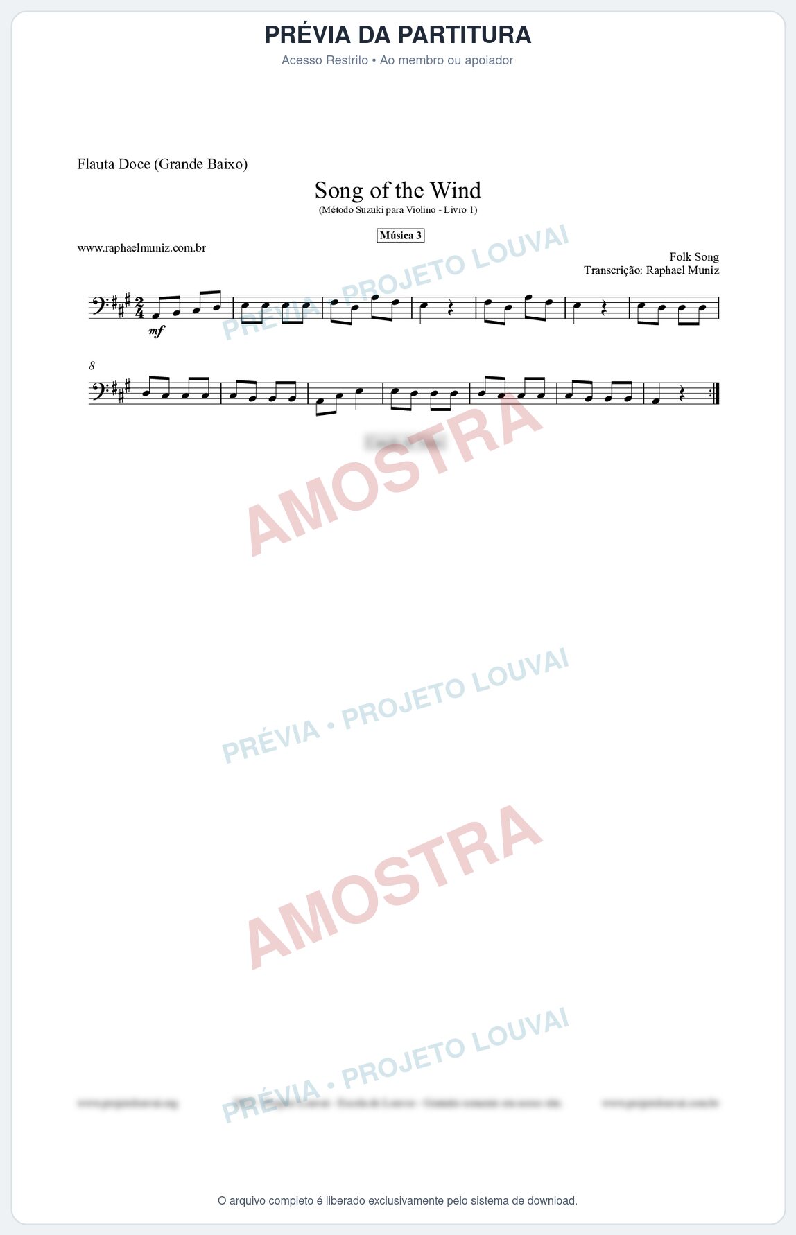 Prévia protegida da primeira página da partitura Partitura para Flauta Doce (Grande Baixo) - Song of the Wind - Música 3 - Método Suzuki para Violino Vol.1