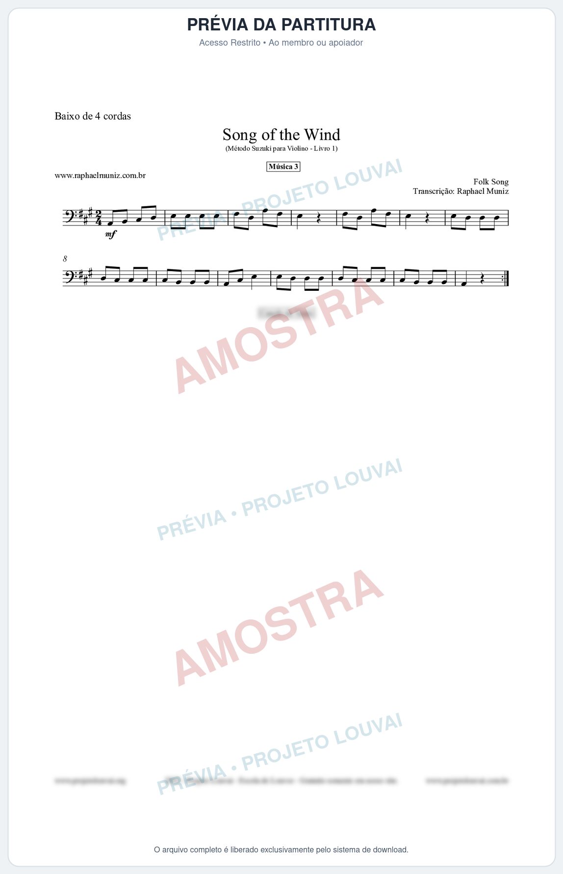 Prévia protegida da primeira página da partitura Partitura para Baixo de 4 cordas - Song of the Wind - Música 3 - Método Suzuki para Violino Vol.1