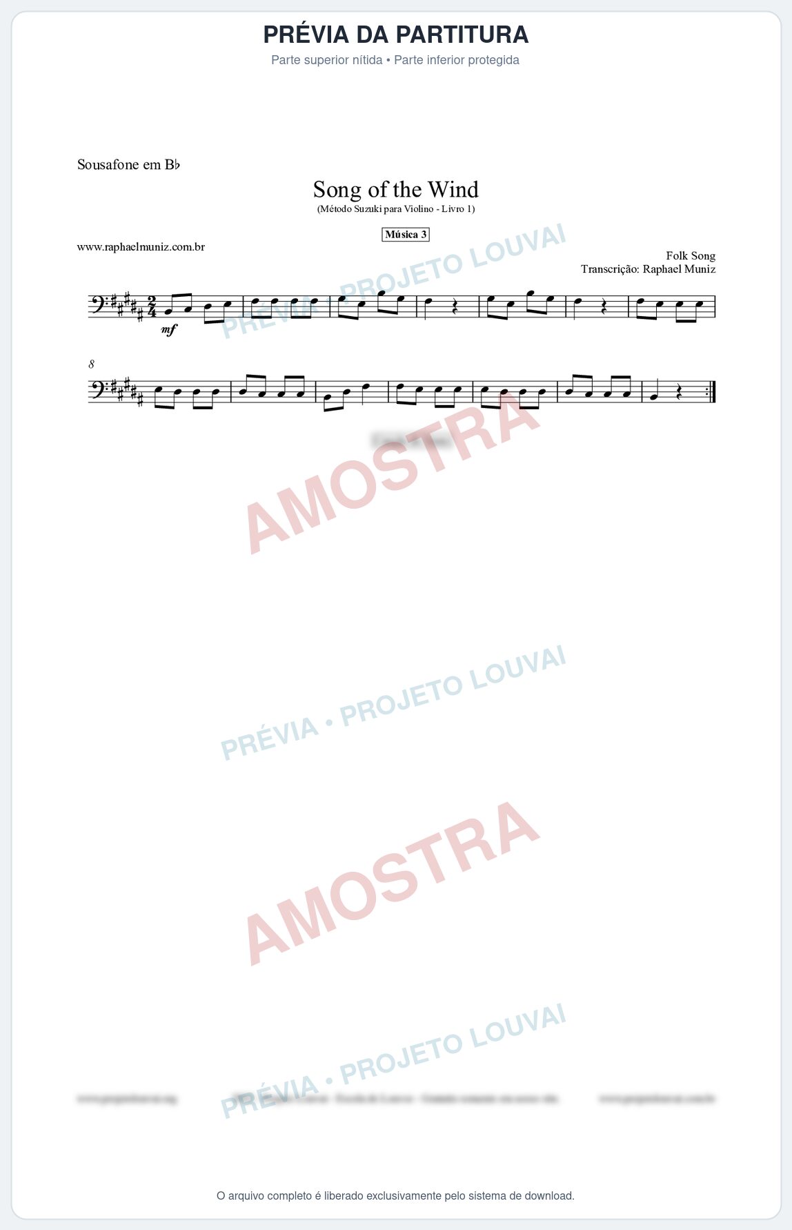 Prévia protegida da primeira página da partitura Partitura para Sousafone em Bb - Song of the Wind - Música 3 - Método Suzuki para Violino Vol.1