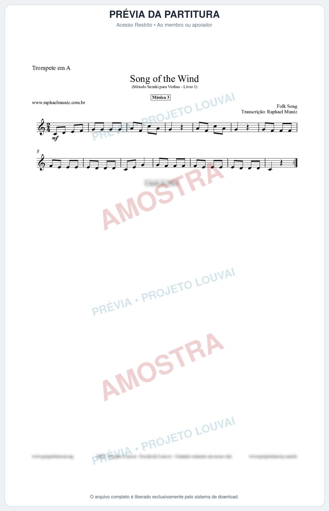 Prévia protegida da primeira página da partitura Partitura para Trompete em A - Song of the Wind - Música 3 - Método Suzuki para Violino Vol.1
