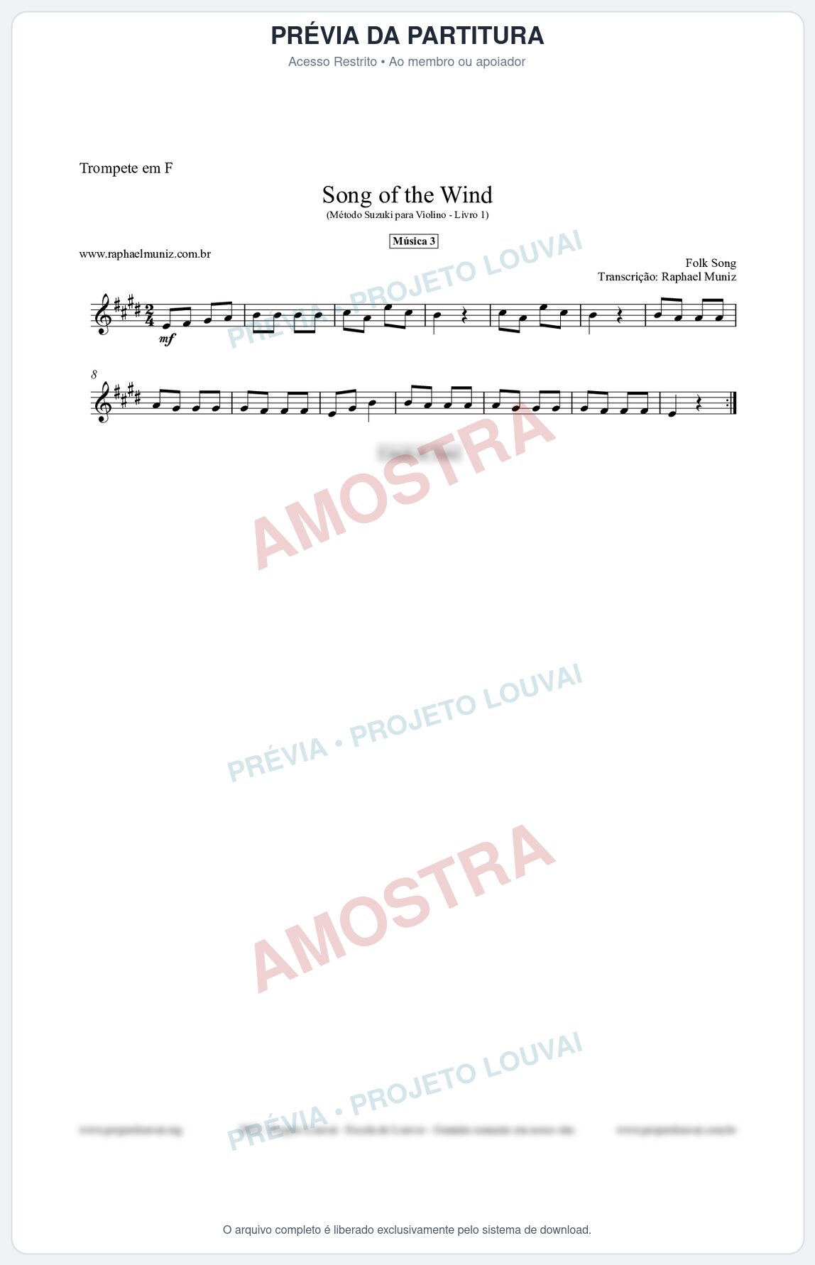 Prévia protegida da primeira página da partitura Partitura para Trompete em F - Song of the Wind - Música 3 - Método Suzuki para Violino Vol.1