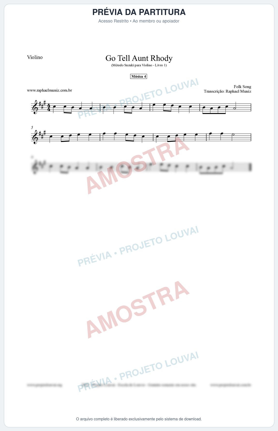 Prévia protegida da primeira página da partitura Partitura para Violino - Go Tell Aunt Rhody - Música 4 - Método Suzuki para Violino Vol.1