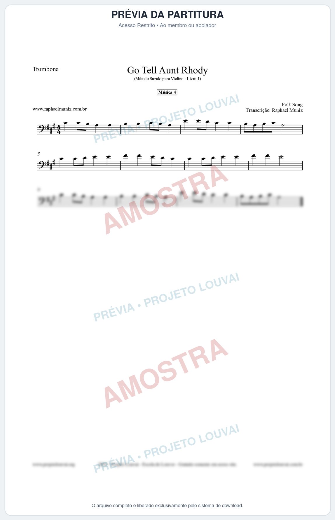 Prévia protegida da primeira página da partitura Partitura para Trombone - Go Tell Aunt Rhody - Música 4 - Método Suzuki para Violino Vol.1