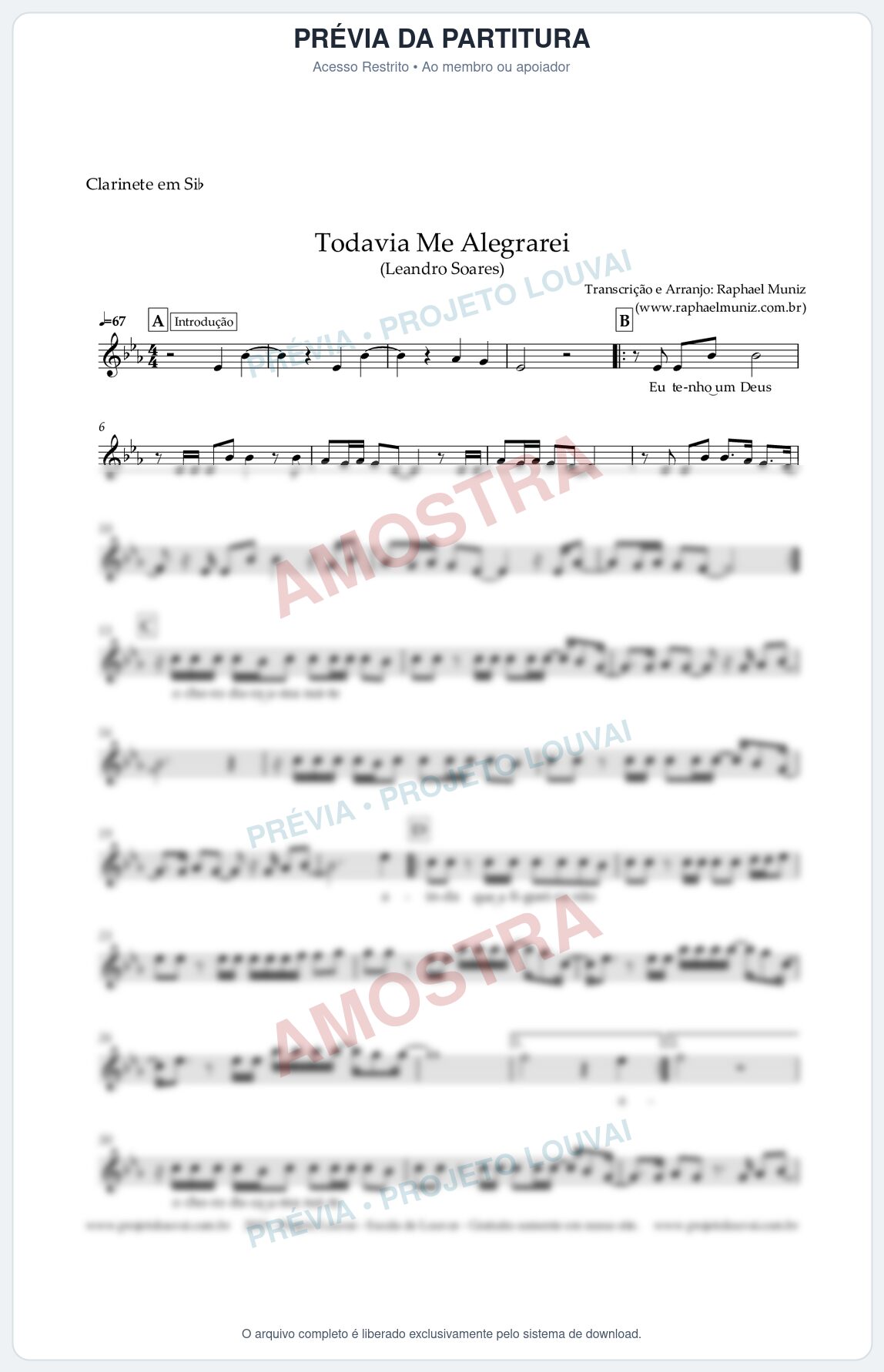 Prévia protegida da primeira página da partitura Partitura para Clarinete em Bb - Todavia Me Alegrarei - Leandro Soares